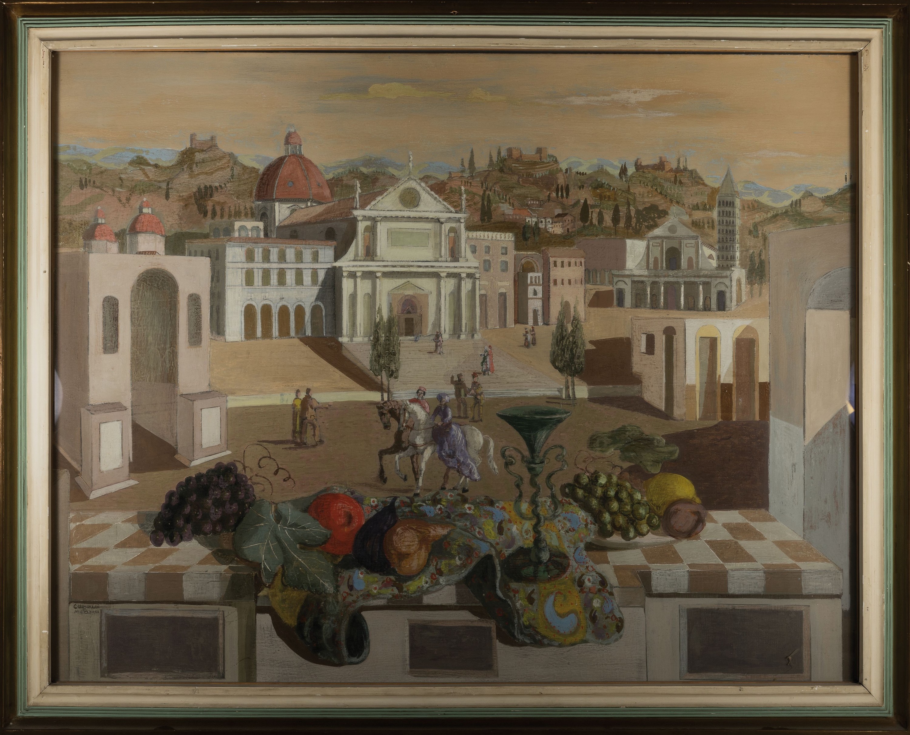 Detail k: Bruno Capacci, 1906 Venedig-1996, Öl/Platte, italienische Stadtlandschaft, Souvenir aus Rom, vordergründiges Früchtestillleben, wohl 1940er-Jahre, ...