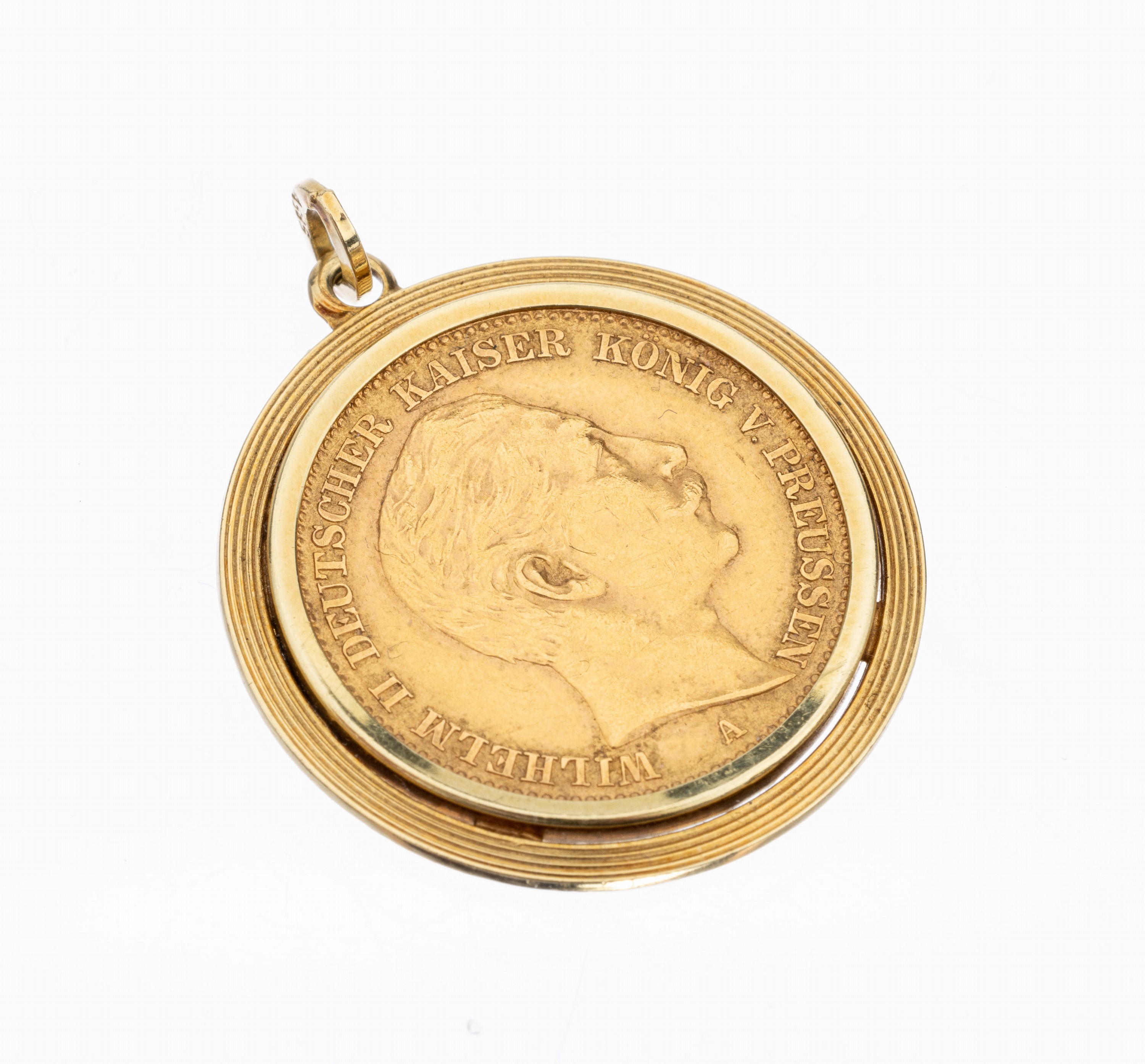 14 kt Gold Münz-Anhänger, GG 585/000, schlichte Fassung, lose gefasste Goldmünze, 20Mark, Deutsches Reich, 1907, Wilhelm II., ca. 10.6 g