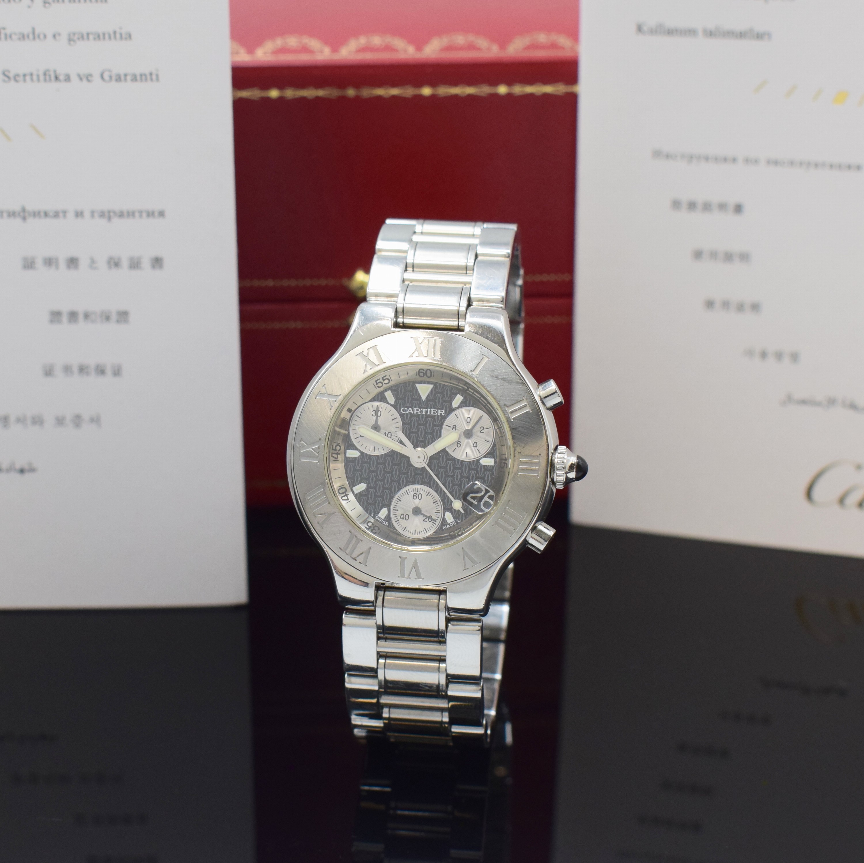CARTIER Chronoscaph 21 Chronograph Armbanduhr in Stahl/Stahlband Referenz 2424, Schweiz lt. orig. Papier verk. 2009, quartz, 8-fach verschr. Geh., ...