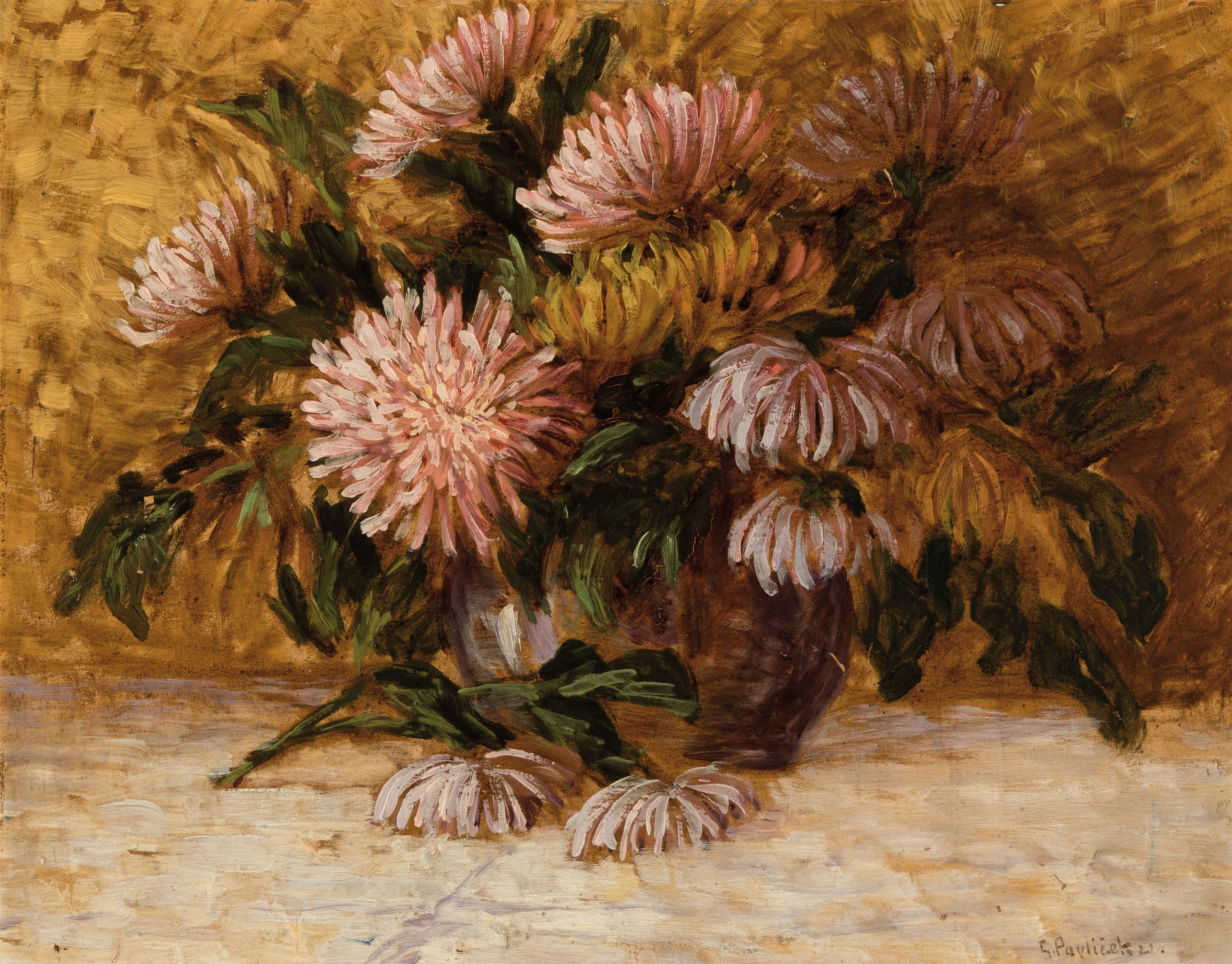 Gustav Pavlicek, datiert 1921 bzw. 1922, Paar Pendants: Blumenstillleben mit Flieder bzw. Chrysanthemen, Öl/Malkarton, beide sign. und dat., je ca. ...