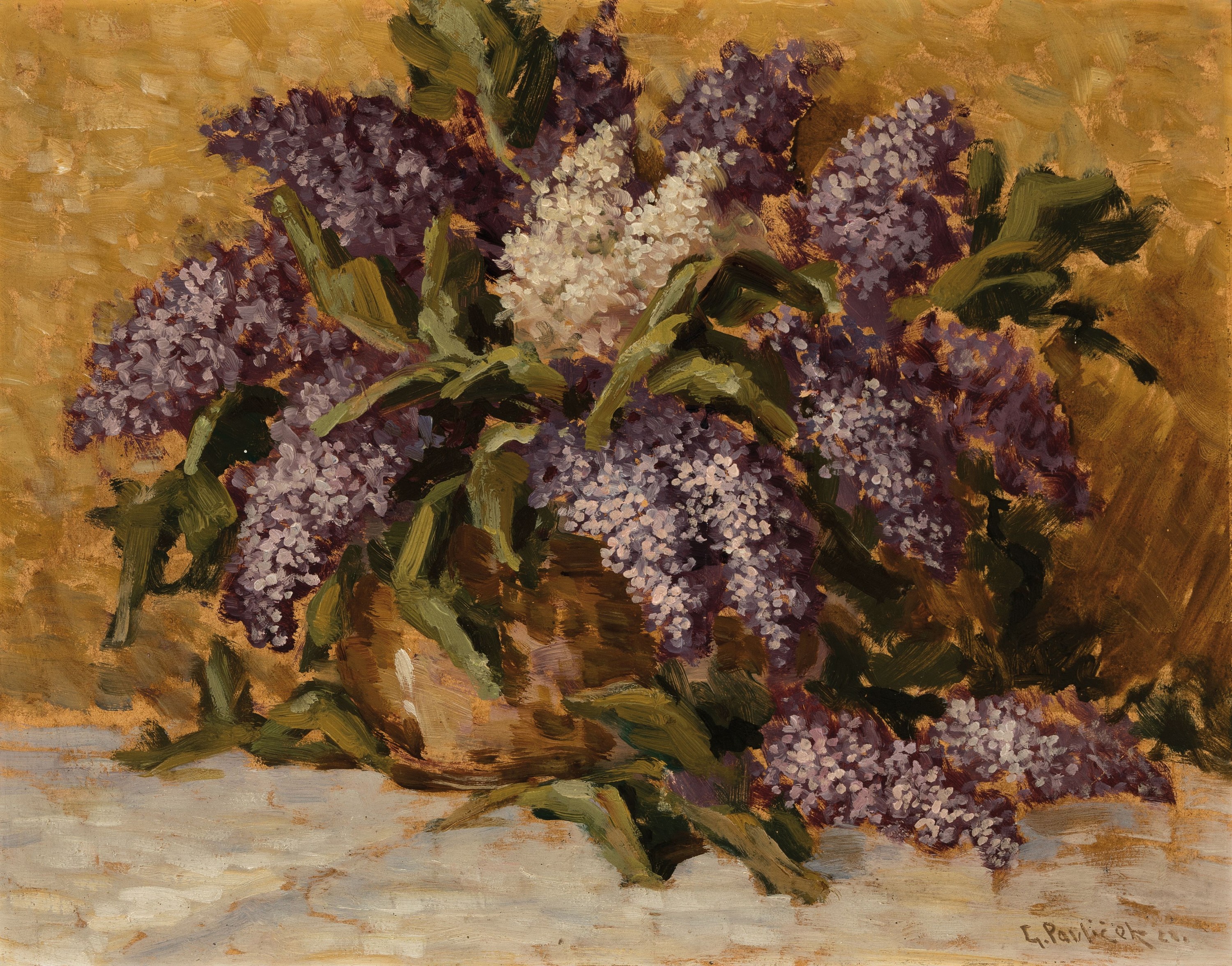 Detail a: Gustav Pavlicek, datiert 1921 bzw. 1922, Paar Pendants: Blumenstillleben mit Flieder bzw. Chrysanthemen, Öl/Malkarton, beide sign. und dat., je ca. ...