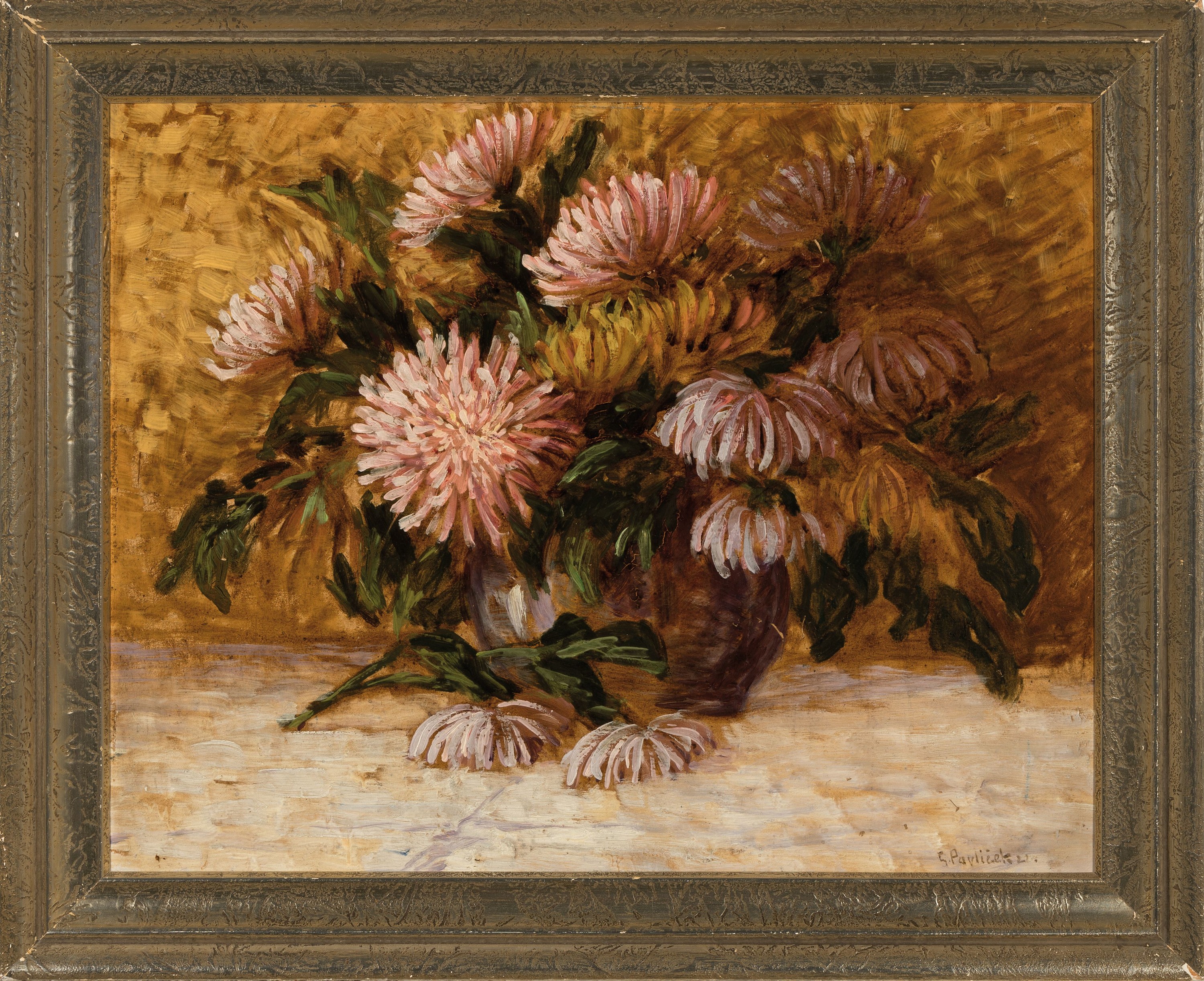 Detail k: Gustav Pavlicek, datiert 1921 bzw. 1922, Paar Pendants: Blumenstillleben mit Flieder bzw. Chrysanthemen, Öl/Malkarton, beide sign. und dat., je ca. ...