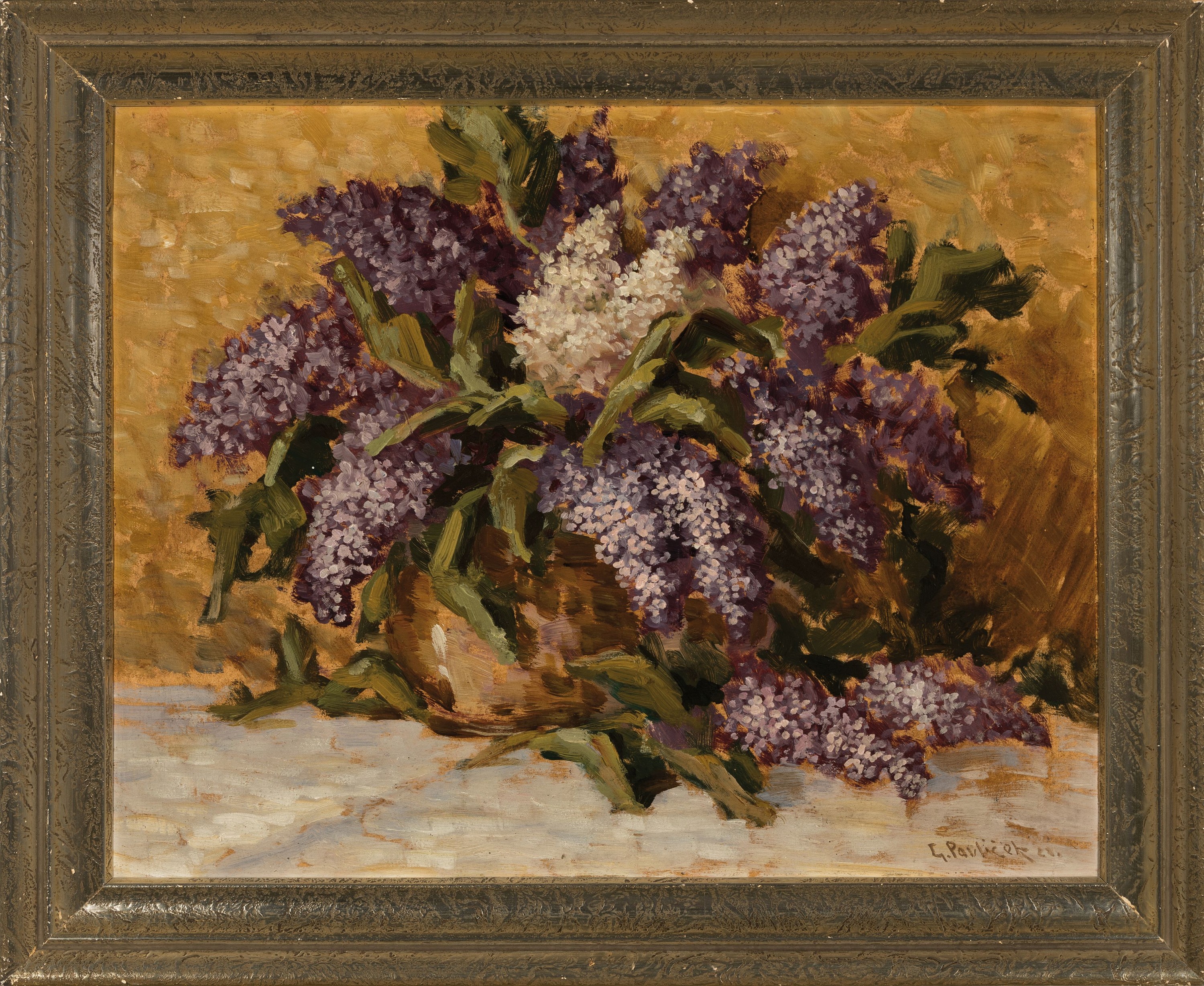 Detail l: Gustav Pavlicek, datiert 1921 bzw. 1922, Paar Pendants: Blumenstillleben mit Flieder bzw. Chrysanthemen, Öl/Malkarton, beide sign. und dat., je ca. ...