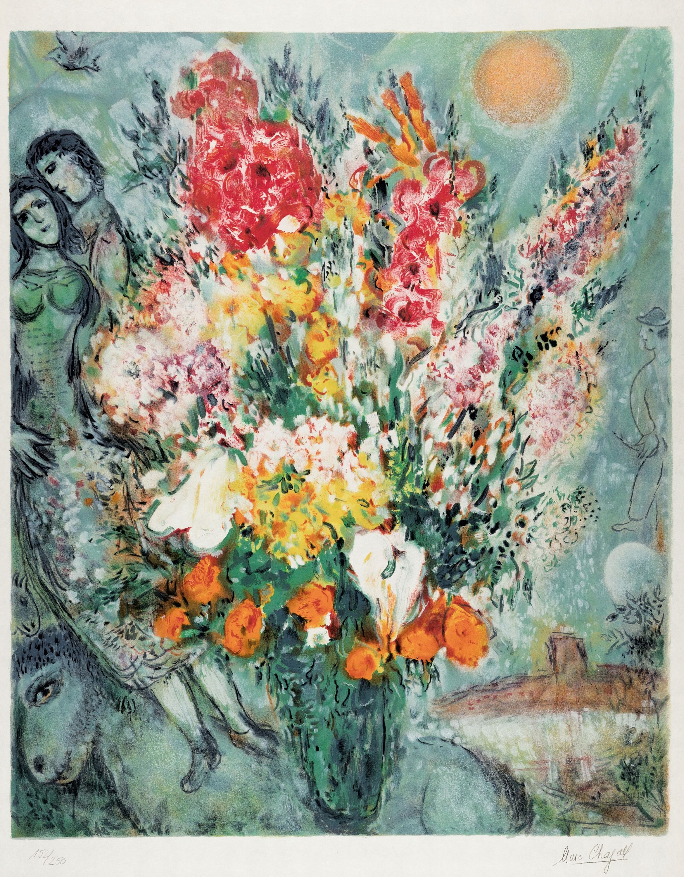 Marc Chagall, 1887-1985, Bouquet multicouleur, Farblithographie, Stempel signiert, num. 152/ 250, ca. 70x57cm, u.Gl., R. ca. 93x73cm