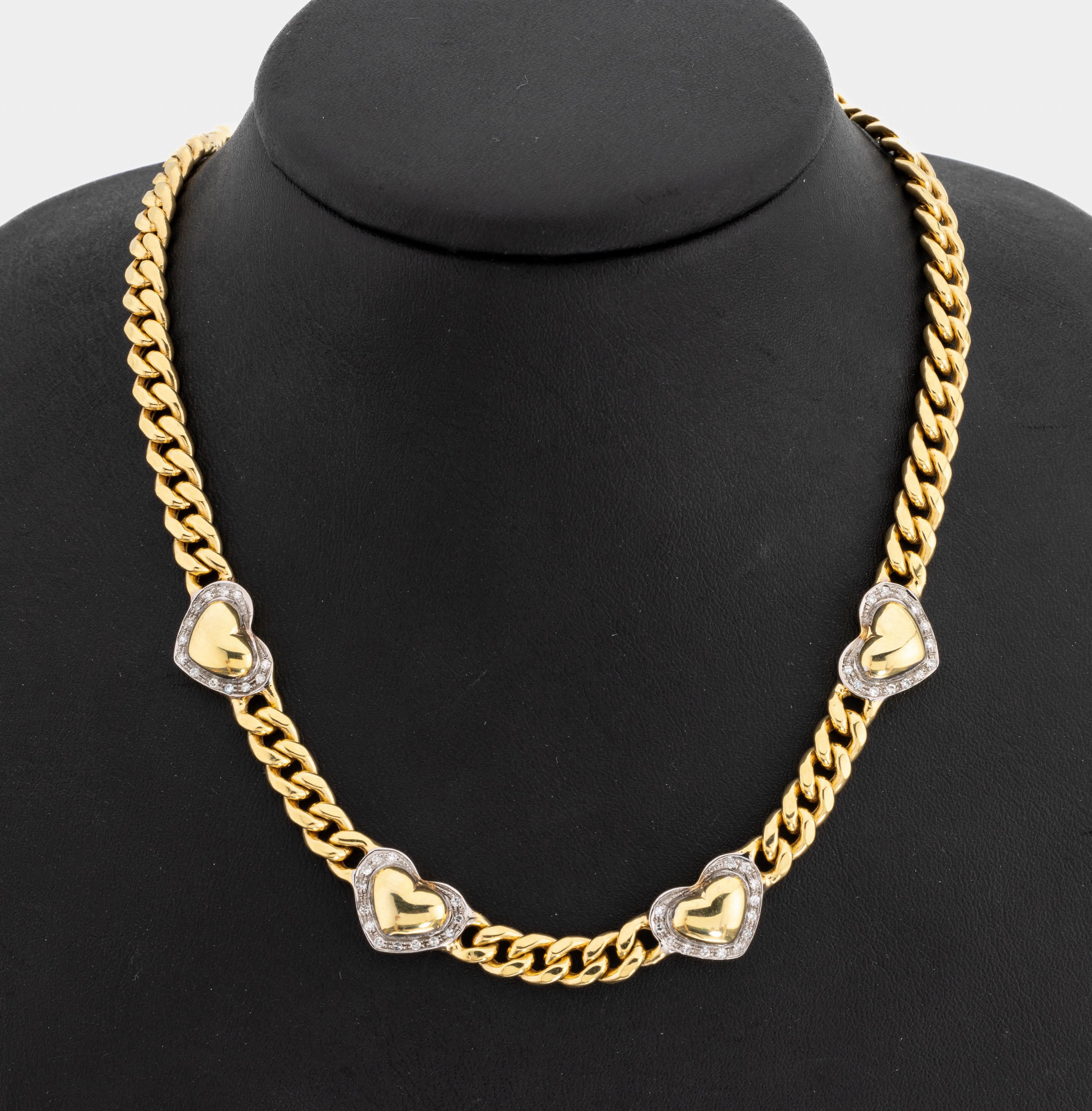 14 kt Gold Diamant-Collier, GG 585/000, 4 herzf. Glieder, 52 8/8-Diamanten zus. ca. 0.20 ct Weiß/si, L. ca. 45 cm, Karabinerschließe, ca. 32.8 g