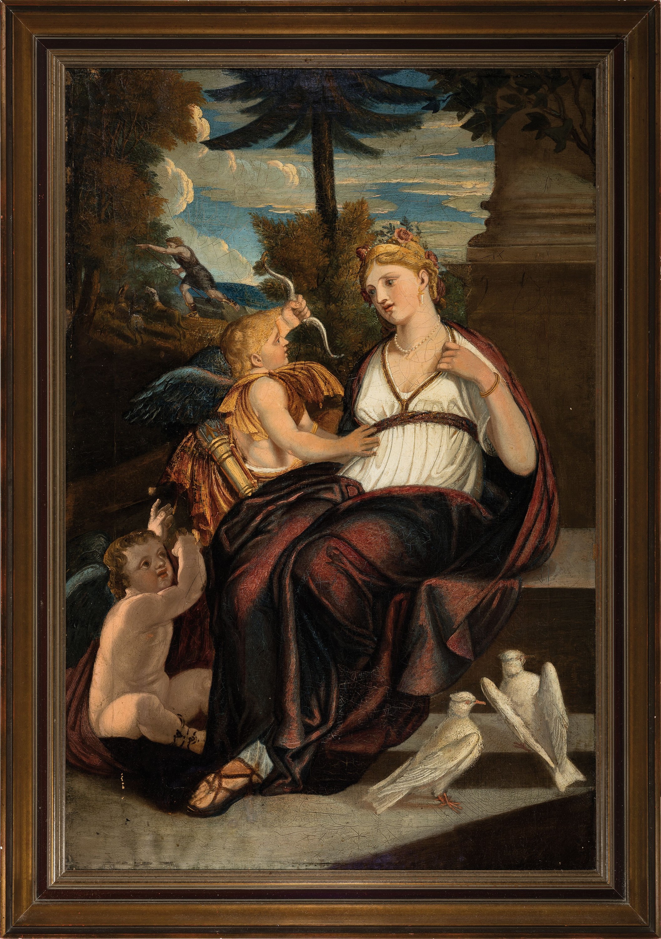 Detail k: Unbekannter Künstler, Ende 18. Jh., Venus und Cupid, im Hintergrund Mars im Streitwagen, Öl/Lwd, krakeliert, verso bezeichnet, ältere ...