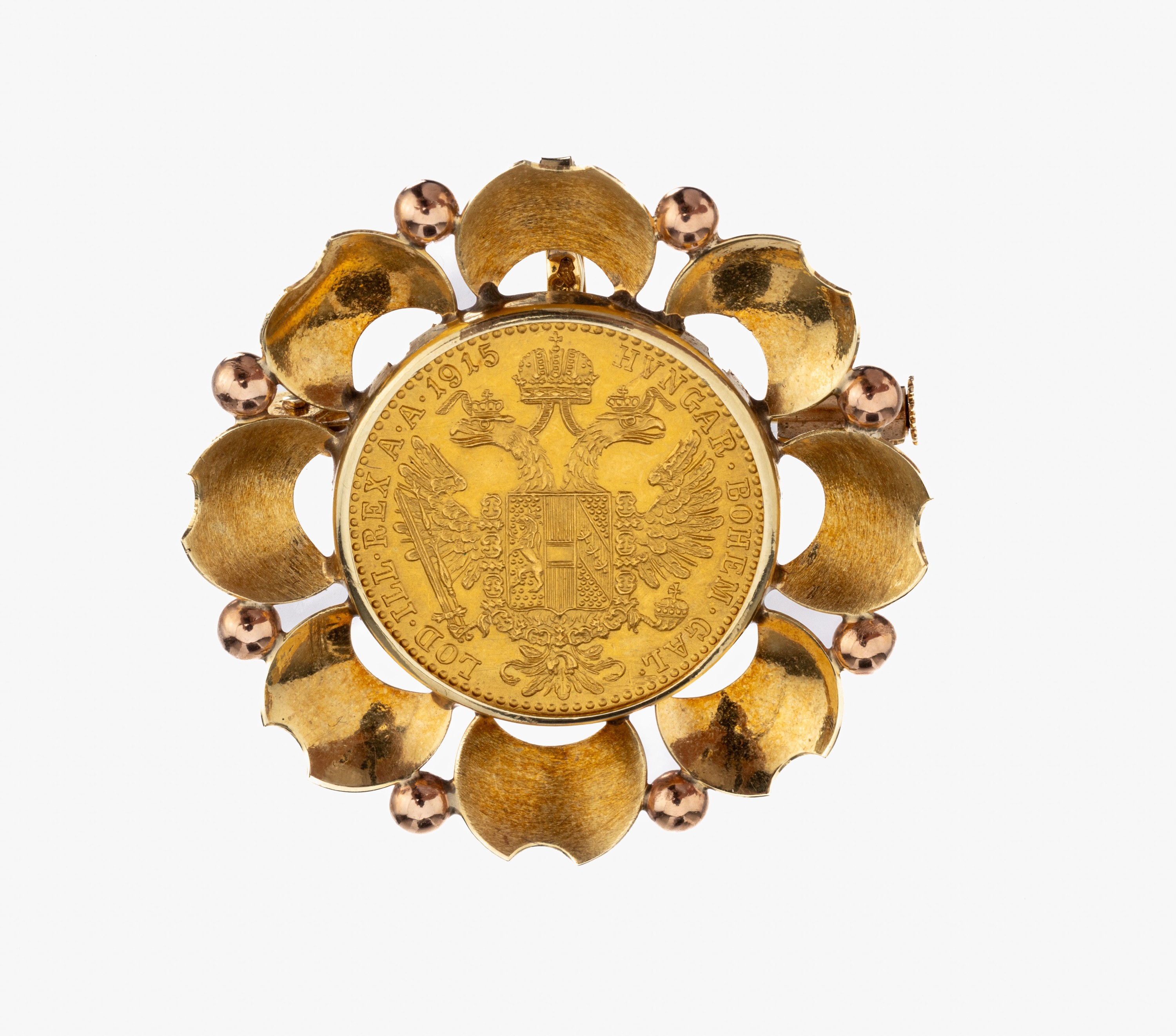 14 kt Gold Münz-Brosche, GG/RG 585/000, Österreich/Wien 1950er Jahre, lose gefasste Goldmünze, 1 Dukat, Österreich-Ungarn, 1915 offizielle ...