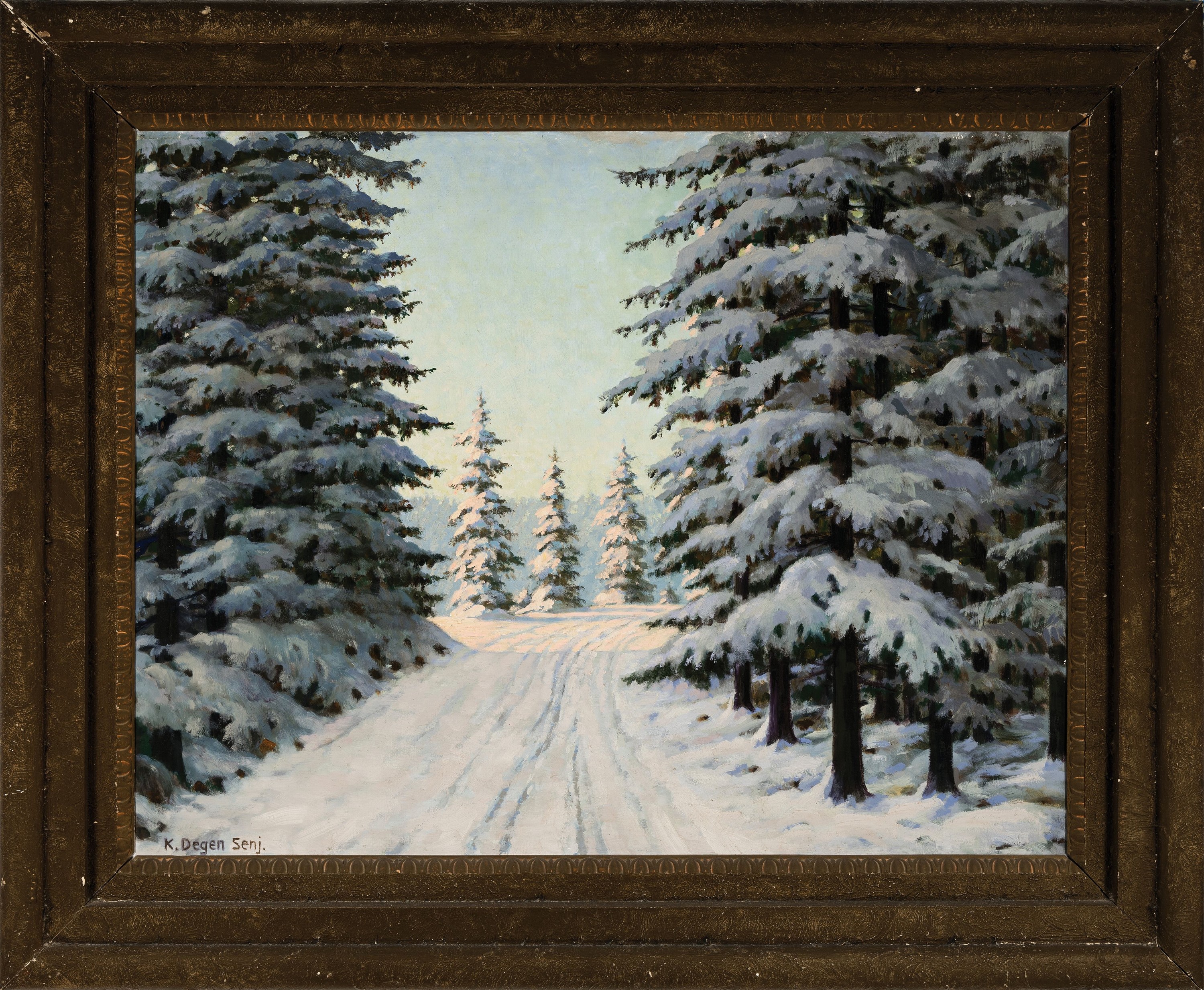Detail k: Karl Degen, deutscher Künstler Anfang/Mitte 20.Jh., schwarzwälder Winterlandschaft, beschatteter Waldweg mit Blick auf eine sonnendurchflutete ...