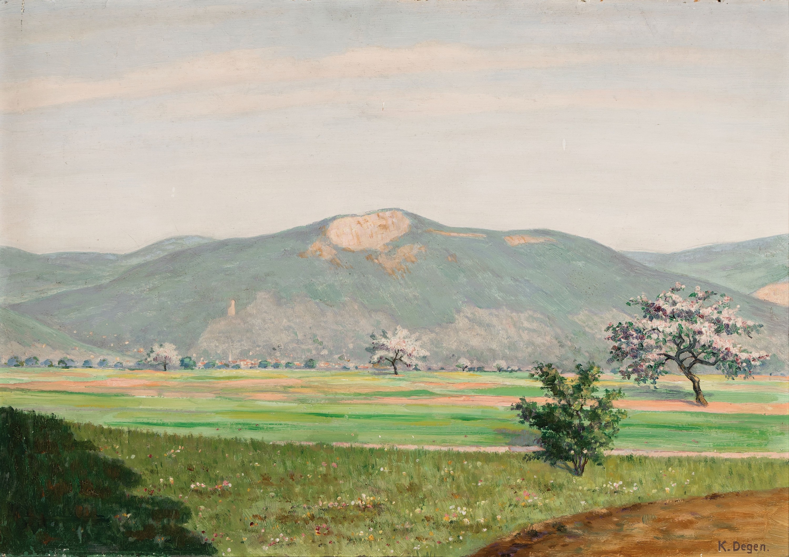 Karl Degen, deutscher Maler Anfang/Mitte 20.Jh., Blick über die Felder auf Schriesheim undden Steinbruch am Ölberg, Öl/Masonit, rechts unten ...
