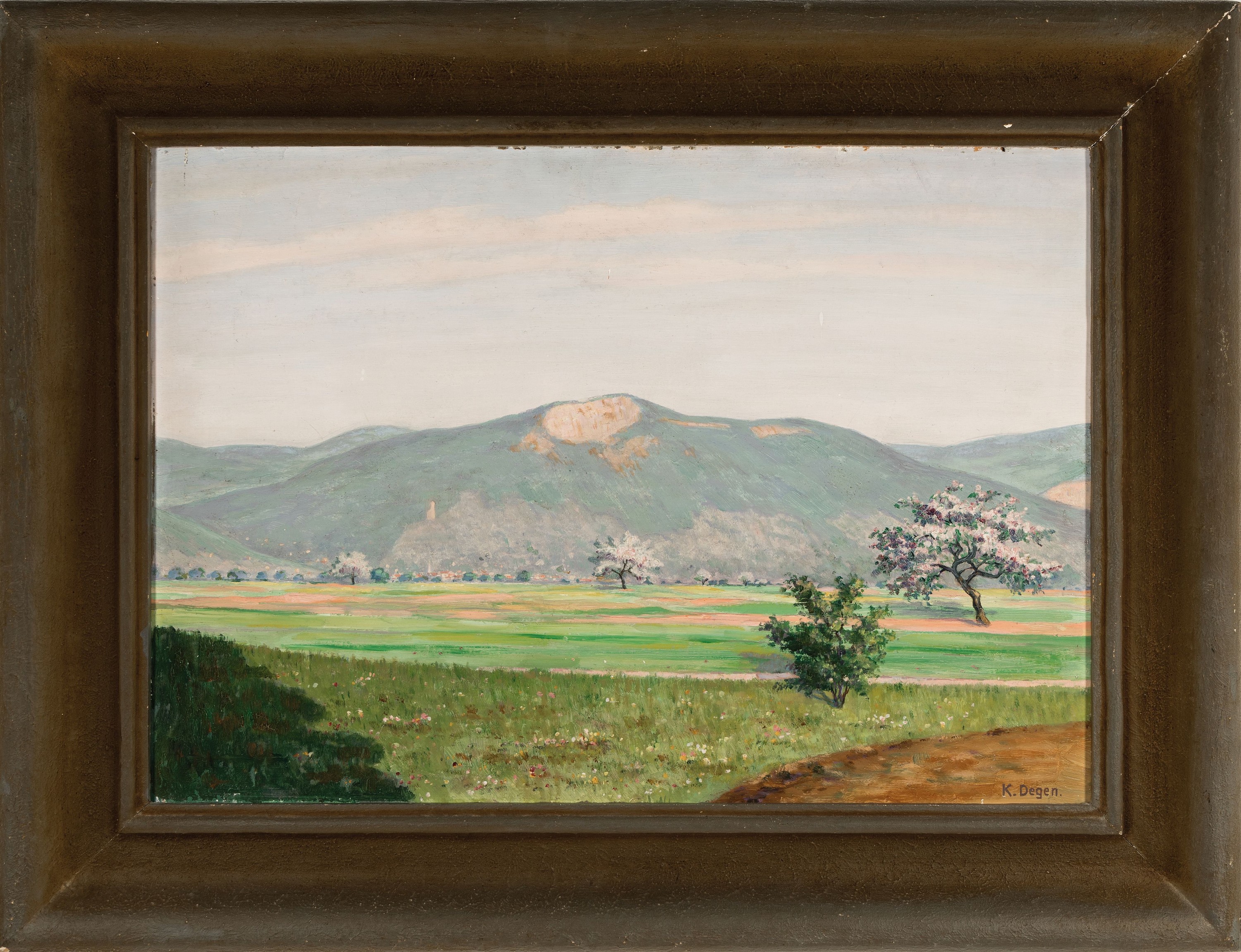 Detail k: Karl Degen, deutscher Maler Anfang/Mitte 20.Jh., Blick über die Felder auf Schriesheim undden Steinbruch am Ölberg, Öl/Masonit, rechts unten ...
