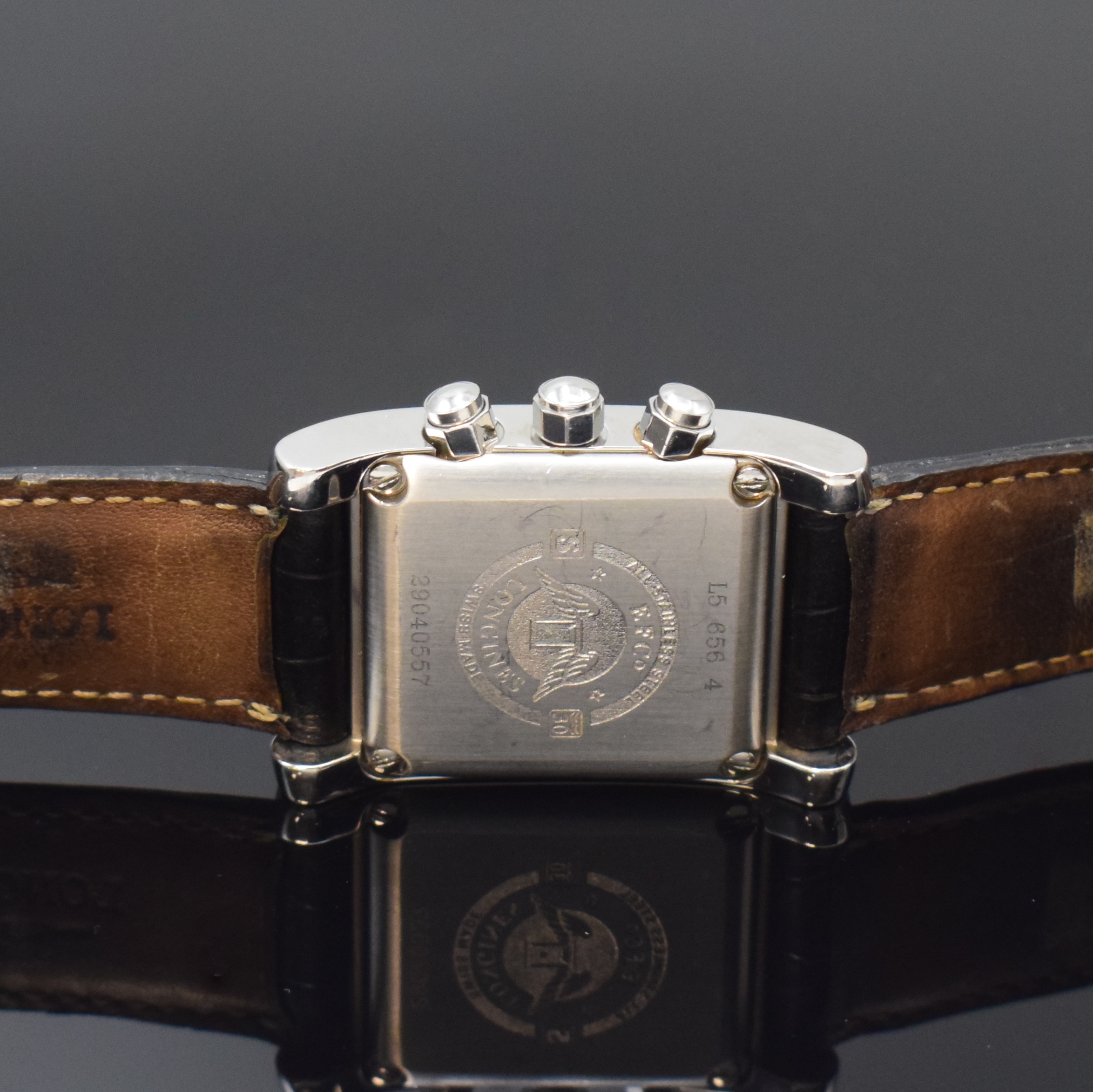 Detail d: LONGINES Dolce Vita Armbandchronograph in Stahl Referenz L5.656.4, Schweiz um 2015, Quartz, rechteck. Geh., Boden 4-fach verschr., orig. Lederband m. ...