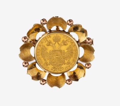 Image 14 kt gold coin-brooch , YG/RG 585/000, Austria/Vienna 1950s, loose setted gold coin, 1 ...