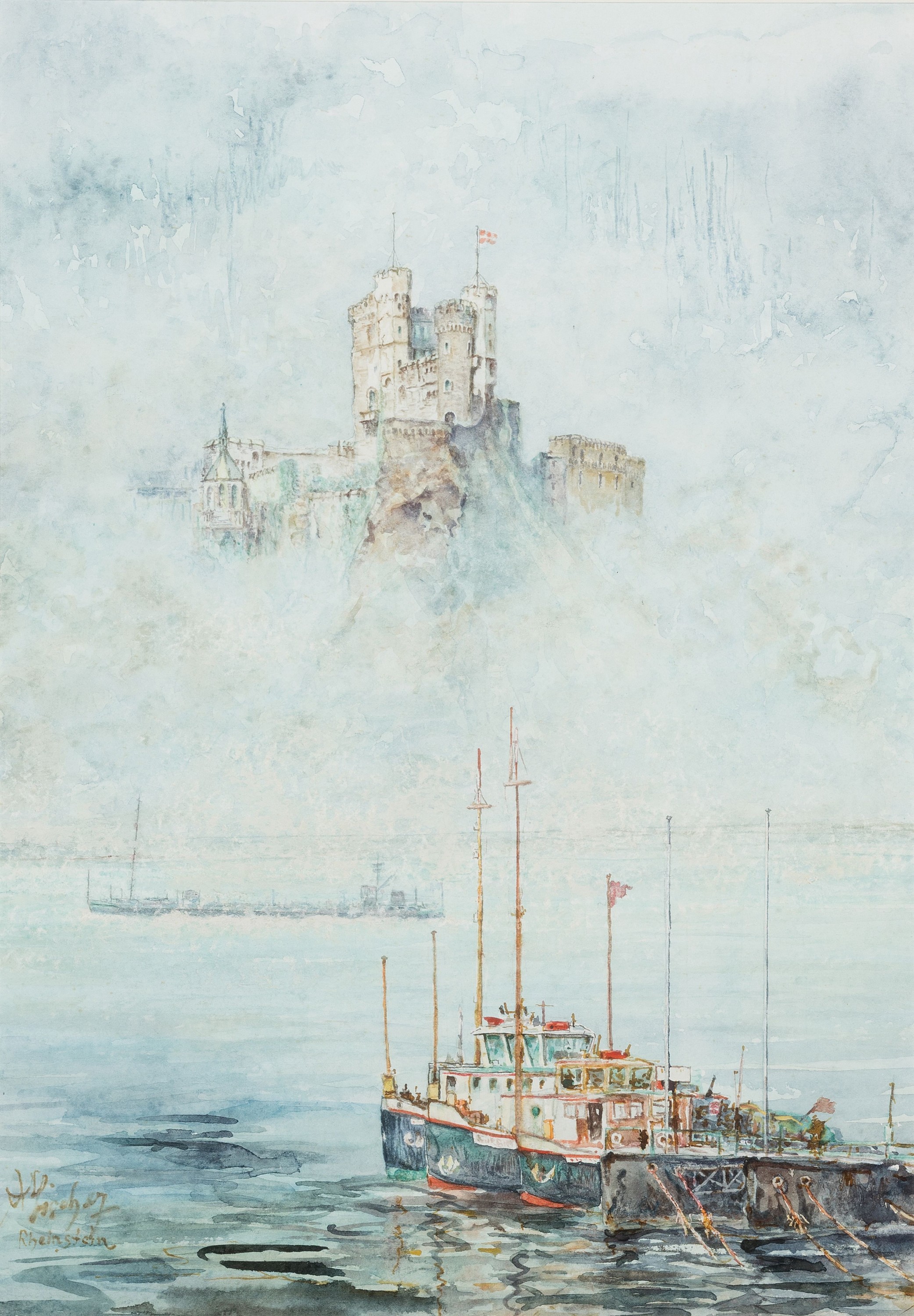 Albert Tischer, 1911-1980 Wiesbaden, Rheinstein Nebelstimmung, Aquarell auf Papier, links unten signiert und bez. Rheinstein, ca. 49x34cm, PP, u.Gl., ...