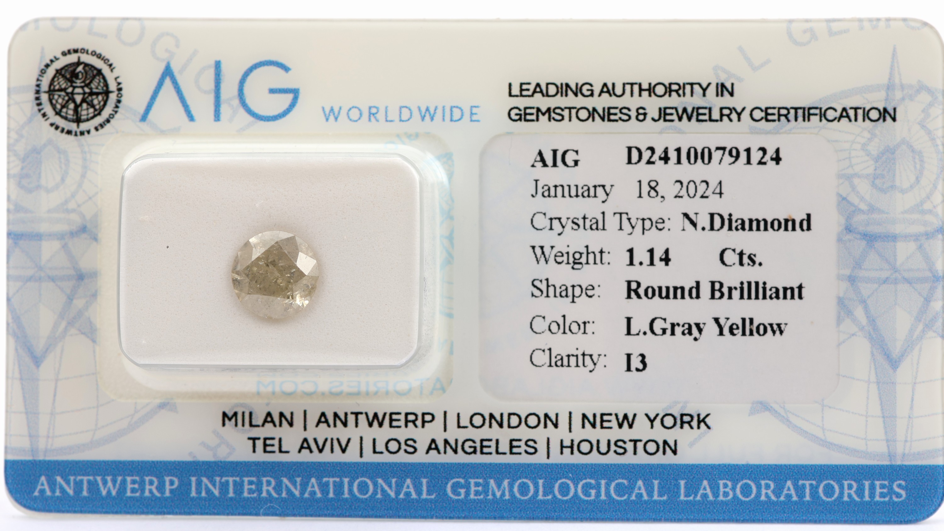 Loser Brillant, 1.14 ct Light Gray Yellow/p3, eingeschweisst, AIG-Expertise