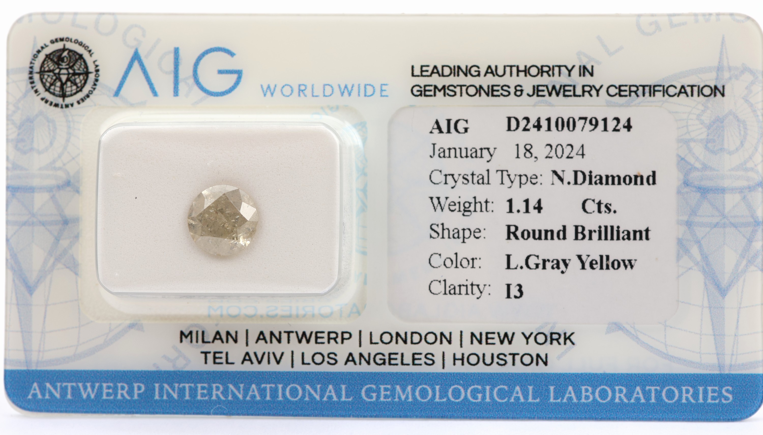 Detail a: Loser Brillant, 1.14 ct Light Gray Yellow/p3, eingeschweisst, AIG-Expertise