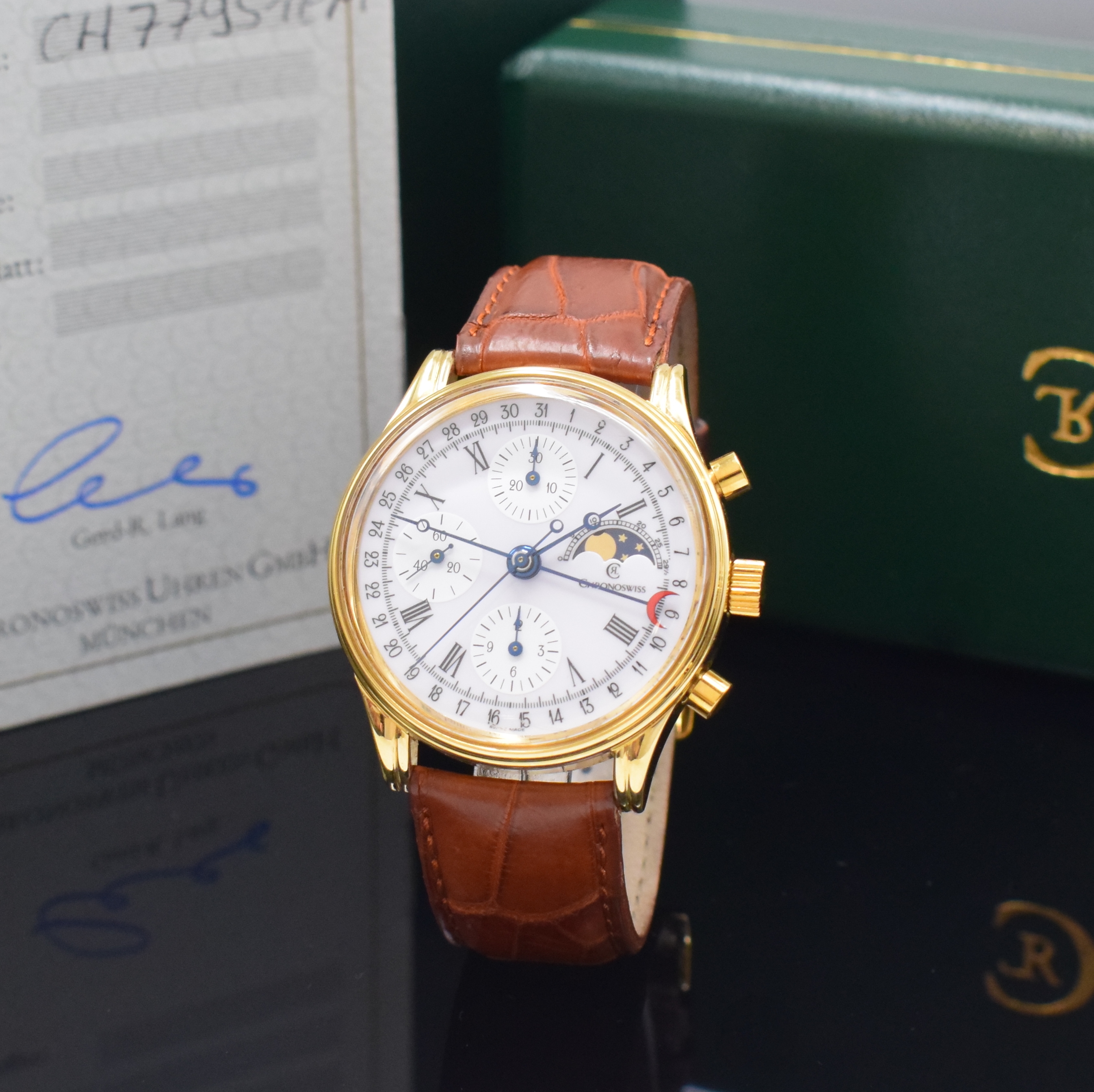CHRONOSWISS Armbandchronograph mit Mondphase und Datum Referenz CH77951EM, Schweiz lt. orig. Pap. verk. 1997, Automatik, verg. Geh. m. verschr. ...