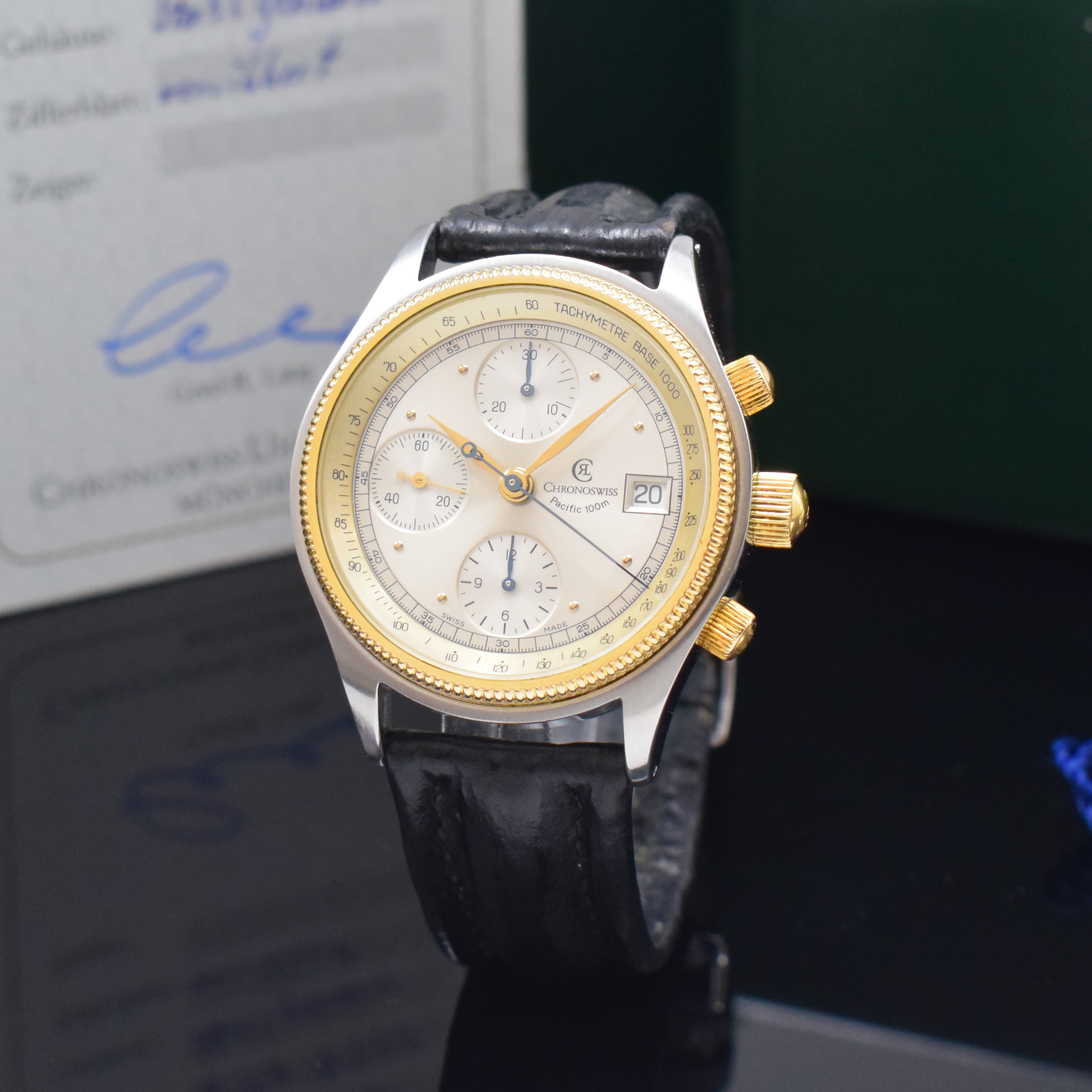 CHRONOSWISS Pacific Armbandchronograph in Stahl/Gold Referenz 7514SI, Schweiz lt. orig. Pap. verk. 1997, beids. vergl. Geh., Boden u. Krone verschr., ...