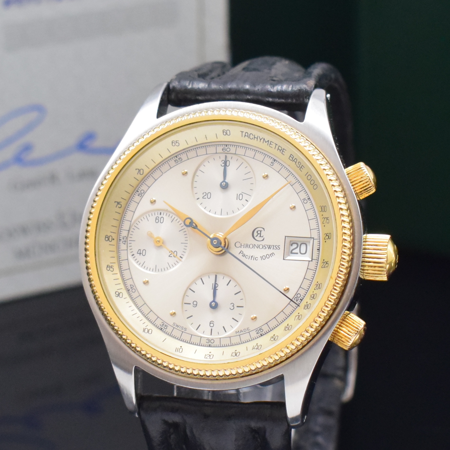 Detail a: CHRONOSWISS Pacific Armbandchronograph in Stahl/Gold Referenz 7514SI, Schweiz lt. orig. Pap. verk. 1997, beids. vergl. Geh., Boden u. Krone verschr., ...