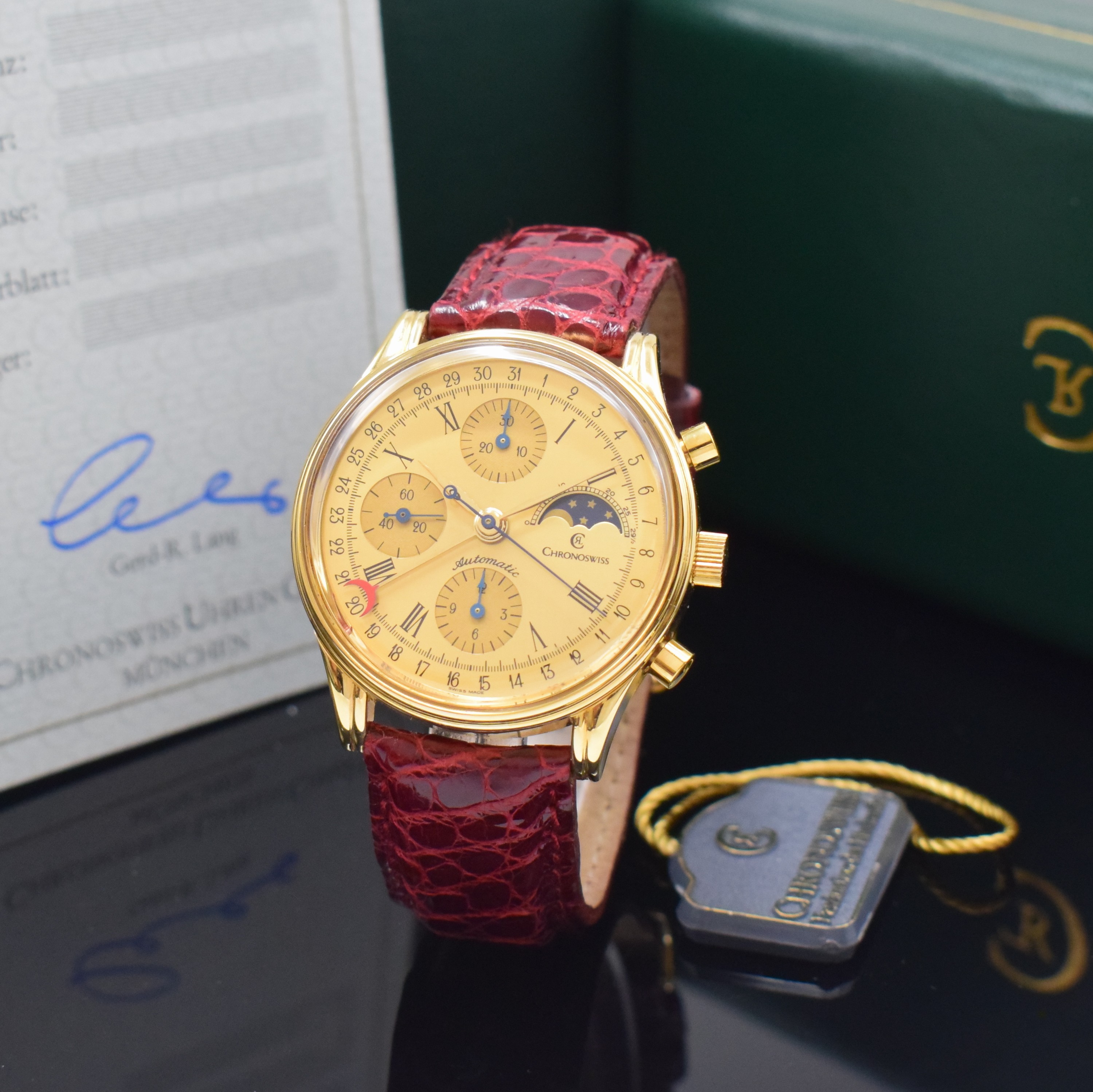 CHRONOSWISS Armbandchronograph mit Mondphase und Datum Referenz CH77951GO, Schweiz um 1995, Automatik, verg. Geh. m. verschr. Stahlboden, gold. ...