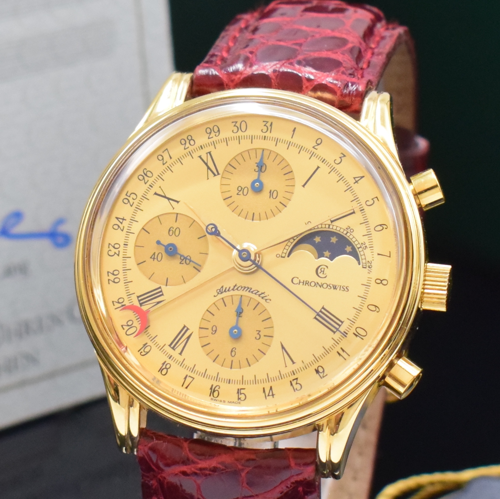 Detail a: CHRONOSWISS Armbandchronograph mit Mondphase und Datum Referenz CH77951GO, Schweiz um 1995, Automatik, verg. Geh. m. verschr. Stahlboden, gold. ...