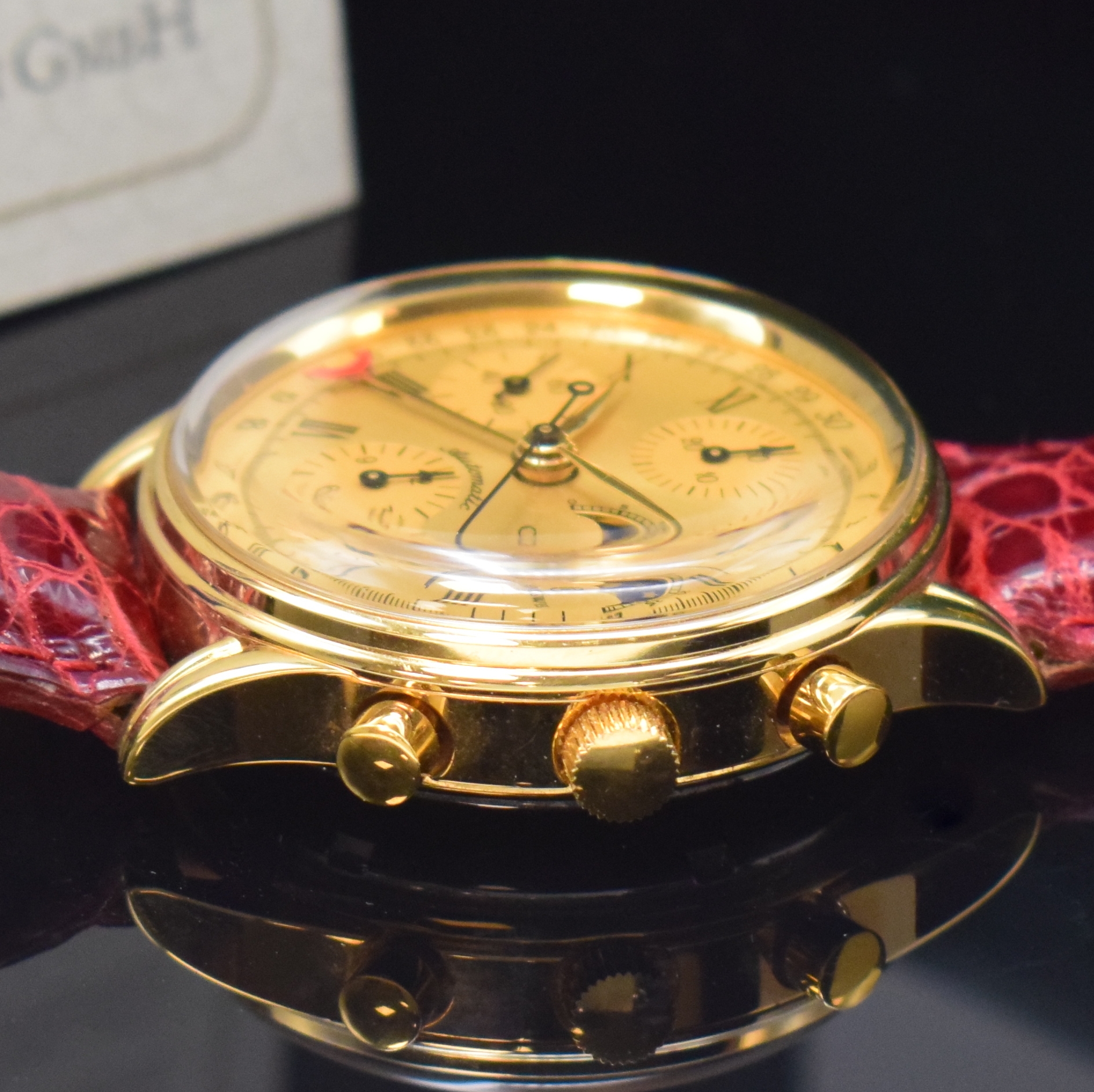 Detail b: CHRONOSWISS Armbandchronograph mit Mondphase und Datum Referenz CH77951GO, Schweiz um 1995, Automatik, verg. Geh. m. verschr. Stahlboden, gold. ...