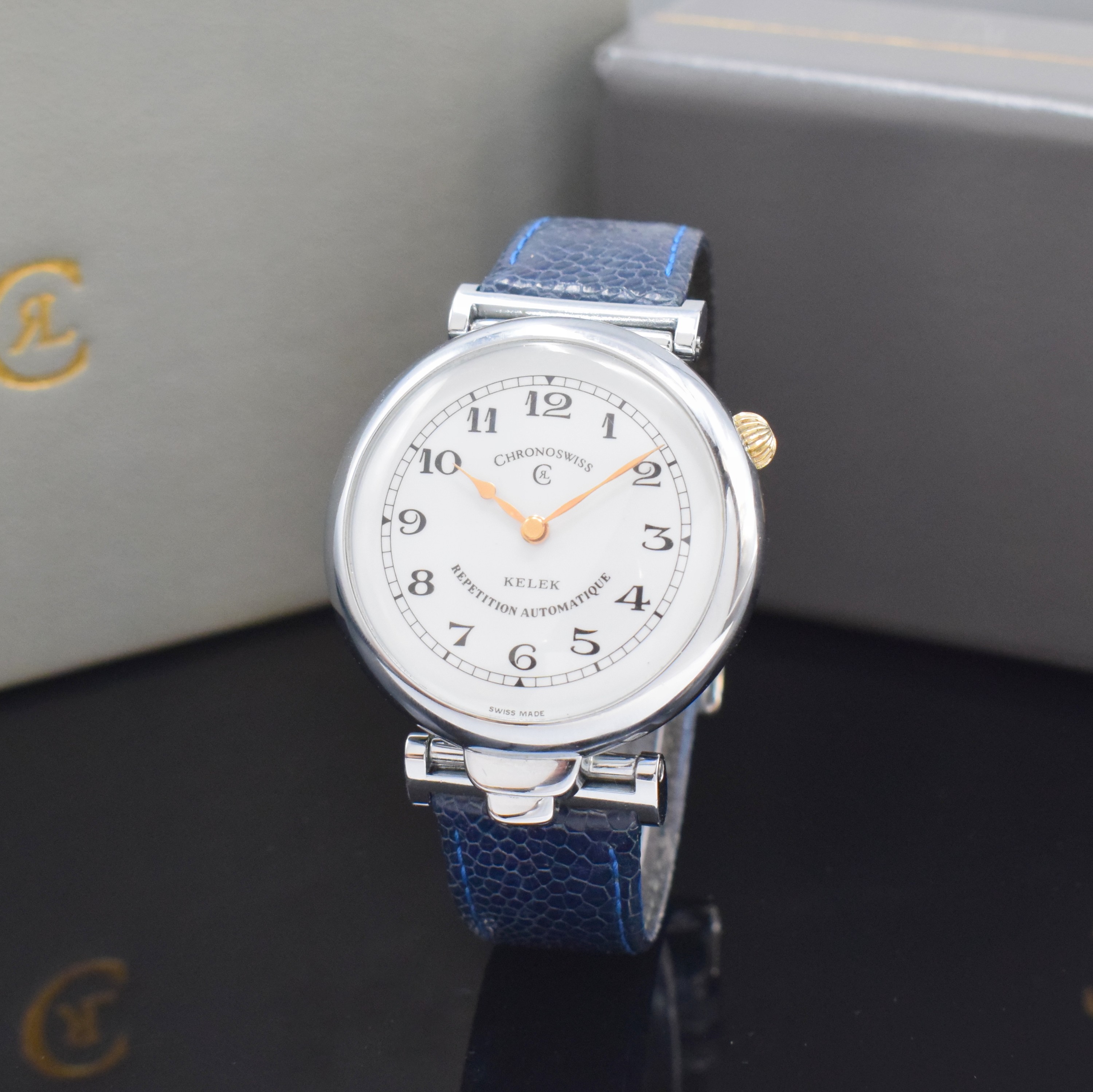 CHRONOSWISS Armbanduhr mit 5-Minuten- Repetition Referenz DK87-211A, Schweiz um 1995, Automatik, verchr., beids. vergl. Geh., Repetitions-Drücker b. ...
