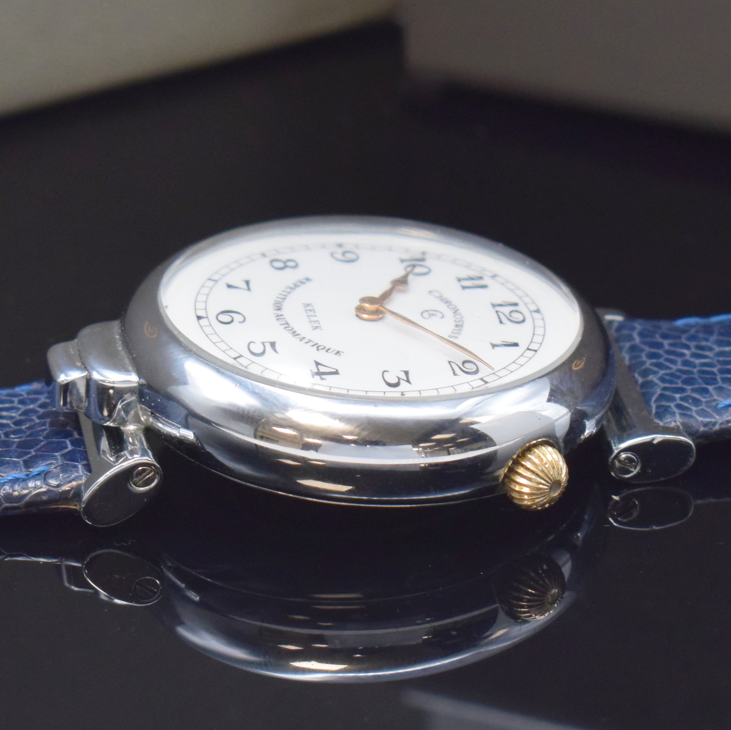 Detail b: CHRONOSWISS Armbanduhr mit 5-Minuten- Repetition Referenz DK87-211A, Schweiz um 1995, Automatik, verchr., beids. vergl. Geh., Repetitions-Drücker b. ...