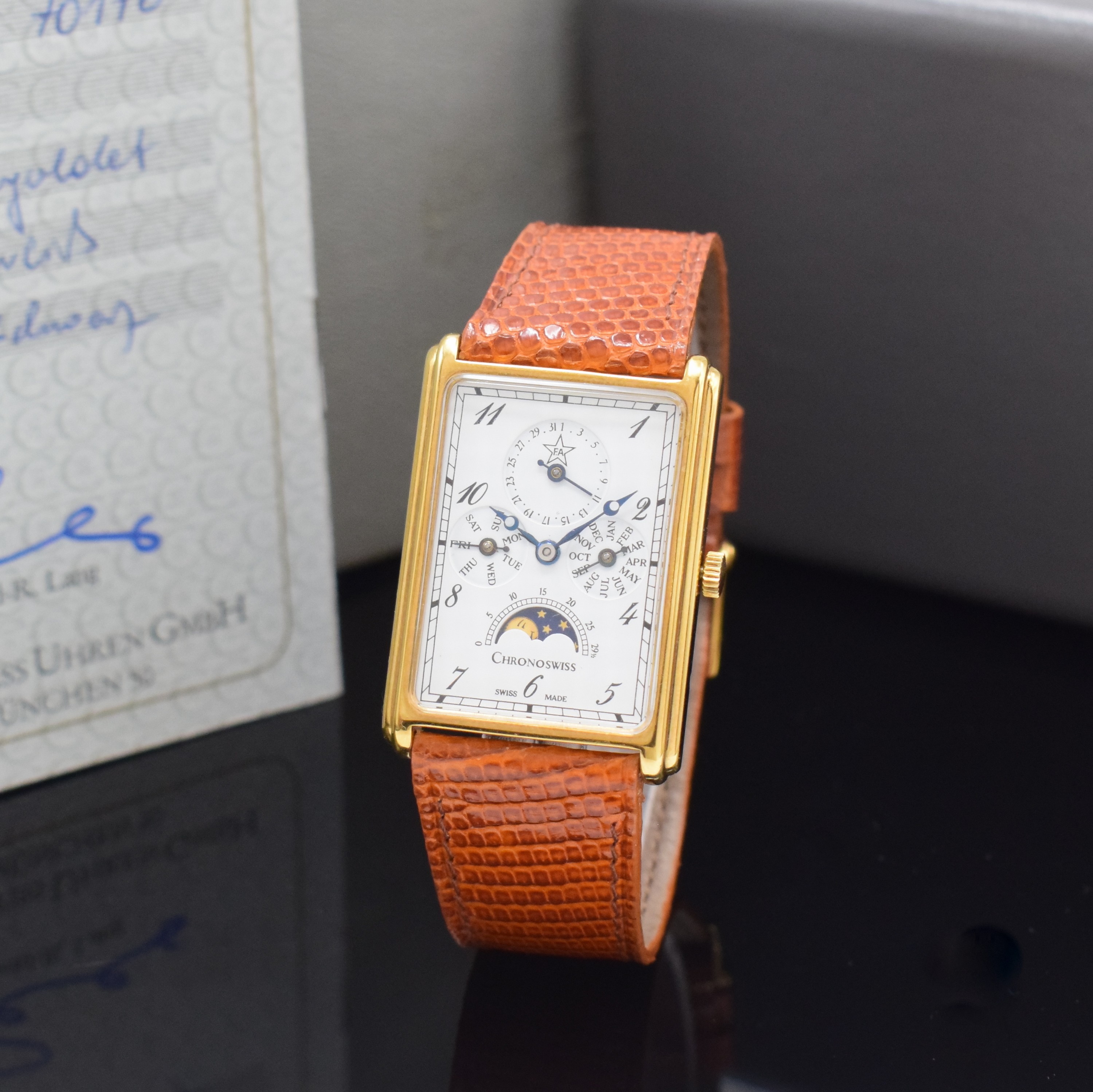CHRONOSWISS rechteckige Armbanduhr mit Vollkalender und Mondphase Referenz 70170, Schweiz lt. orig. Papier verk. 1996, Handaufzug, verg., 2-tlg. ...