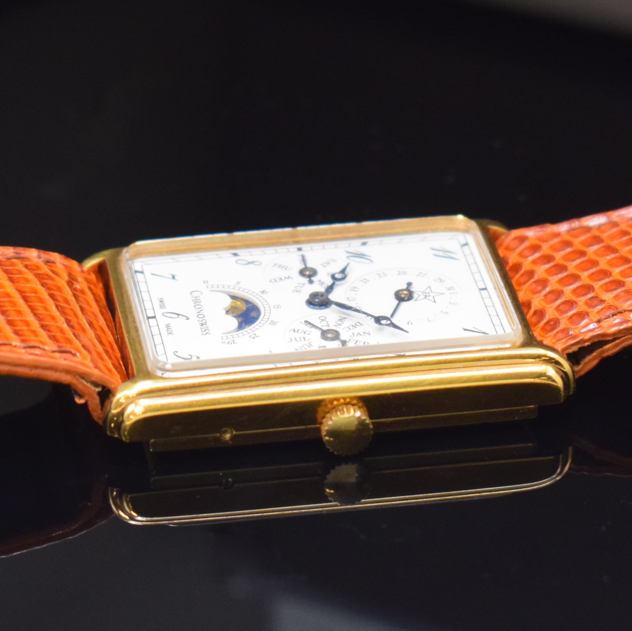 Detail c: CHRONOSWISS rechteckige Armbanduhr mit Vollkalender und Mondphase Referenz 70170, Schweiz lt. orig. Papier verk. 1996, Handaufzug, verg., 2-tlg. ...