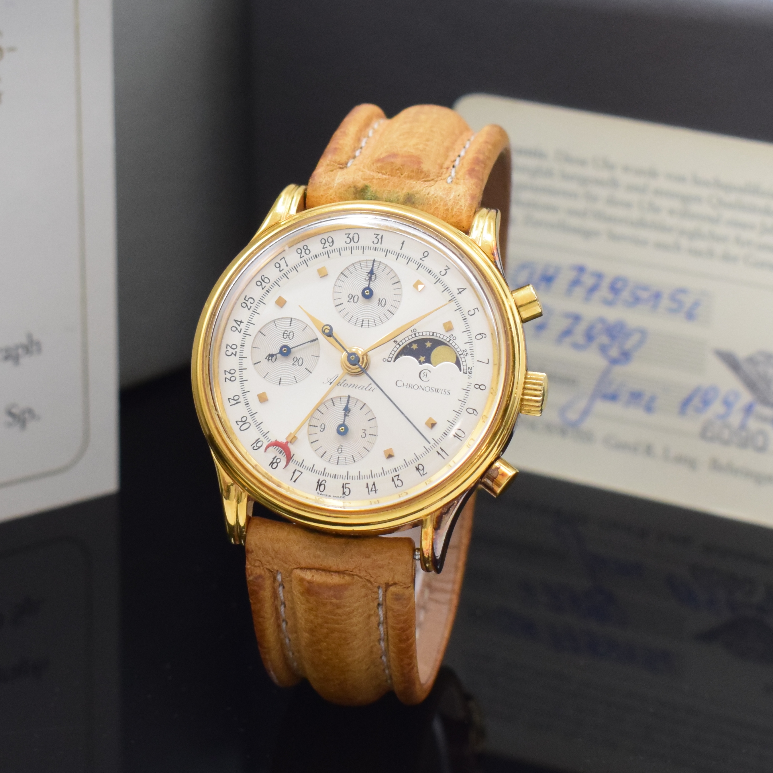 CHRONOSWISS Armbandchronograph mit Mondphase und Datum Referenz CH77951Si, Schweiz verk. lt. orig. Pap. 1991, Automatik, verg. Geh. m. verschr. ...
