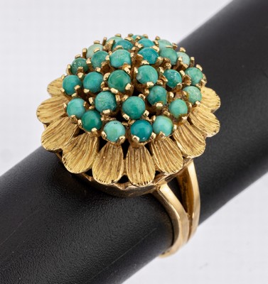 Image 14 kt gold turquoise-ring , YG 585/000 tested, 1960s, abstract floral, turquoise- ...