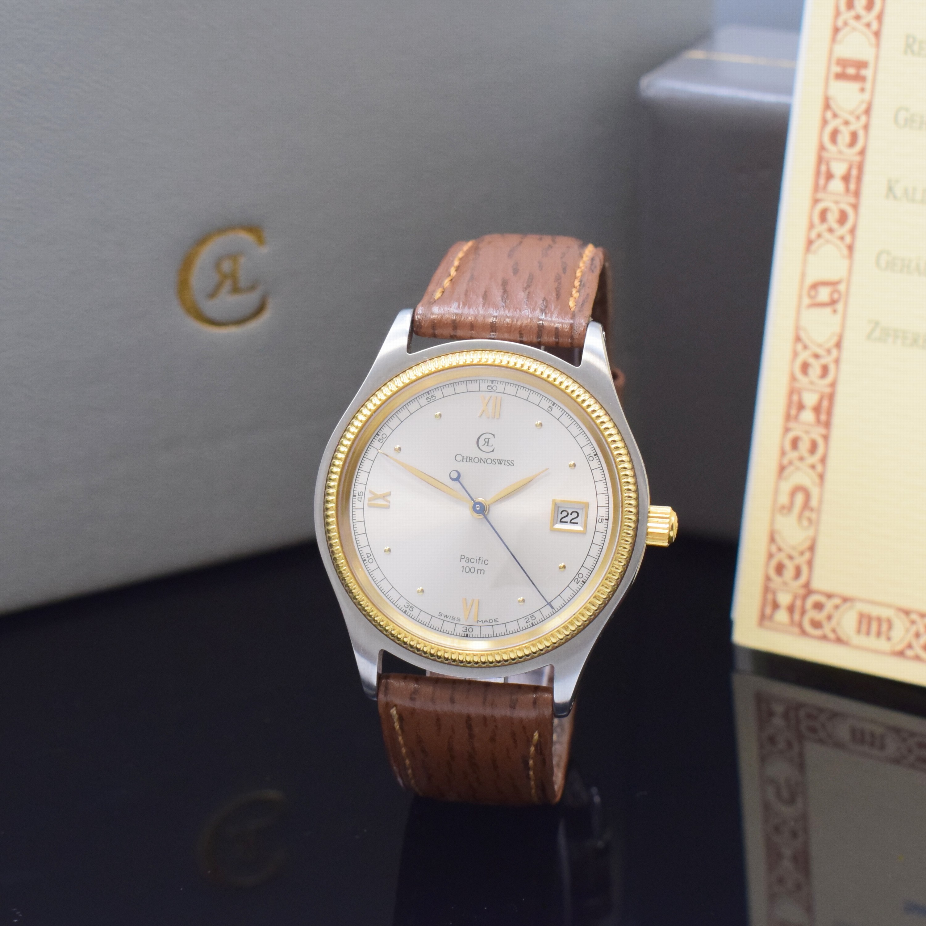CHRONOSWISS Pacific Armbanduhr in Stahl/Gold Referenz CH2814, Schweiz lt. orig. Pap. verk. 1996, Automatik, beids. vergl. Geh., Boden u. Krone ...