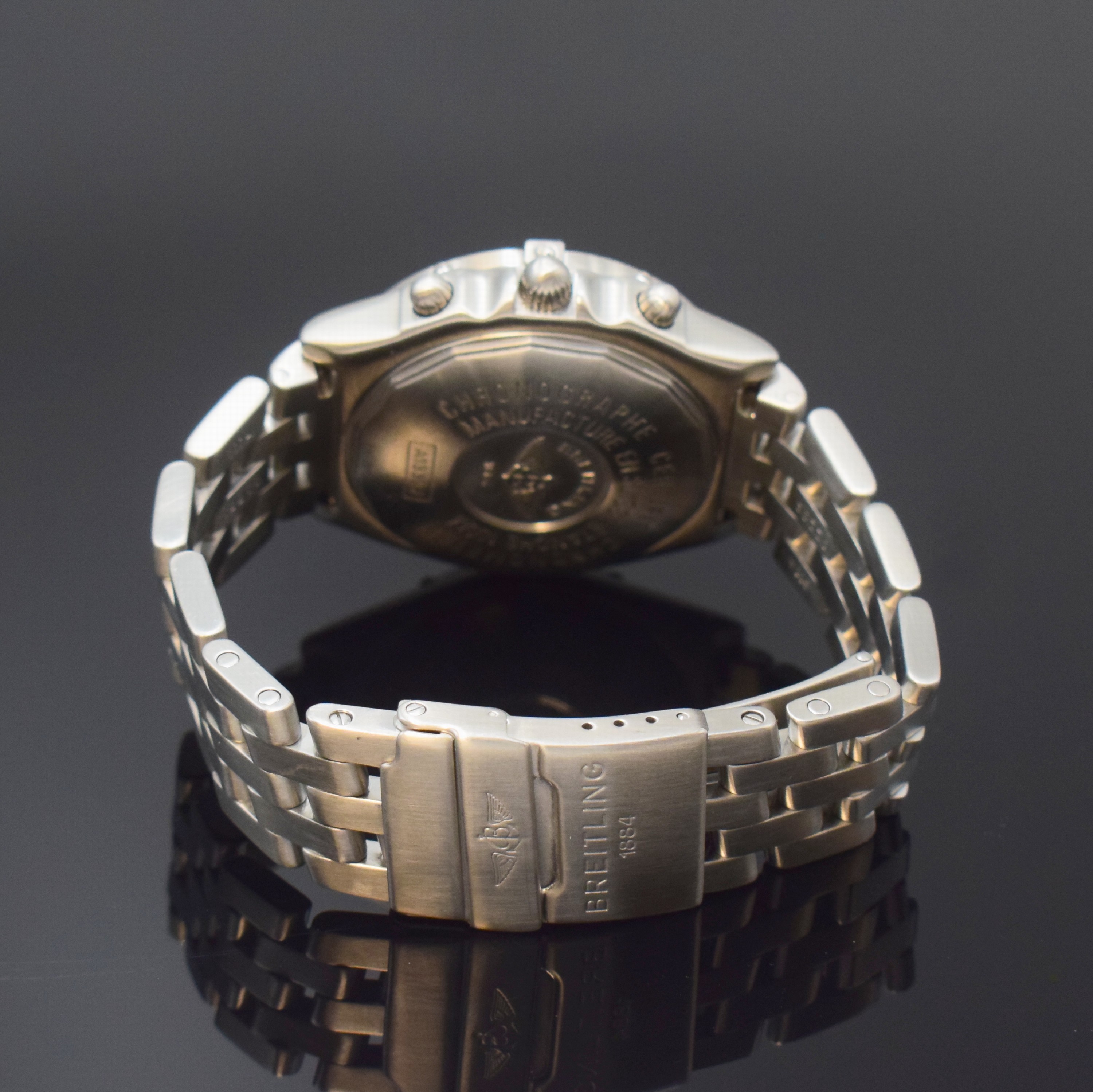 Detail b: BREITLING Herrenarmbanduhr Chronomat Referenz A13352, Schweiz um 1996, Chronometer in Edelstahl inkl. Pilotband m. Faltschl., Boden und Krone ...