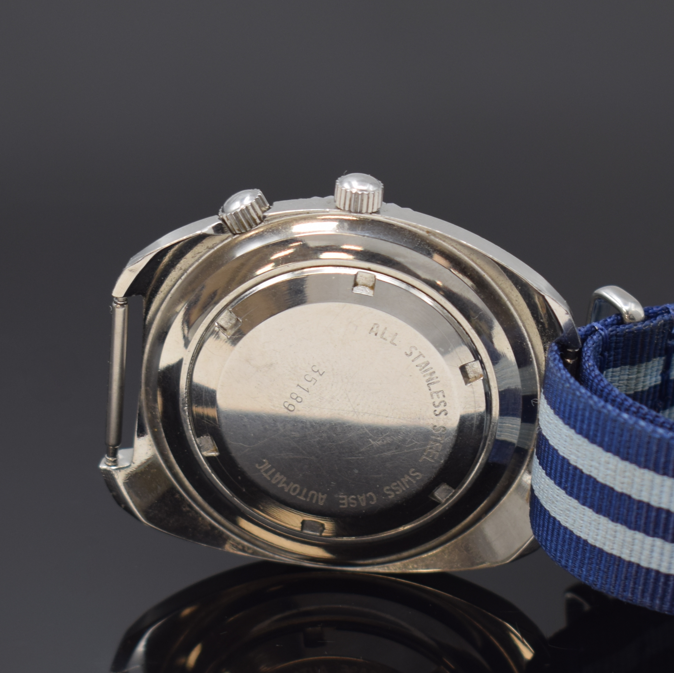 Detail c: VEDA grosse Taucheruhr, Schweiz um 1970, Automatik, Edelstahlgeh., Boden verschr., Zifferbl. m. aufgel. Indizes fl./pat., innen- liegende Lünette ...