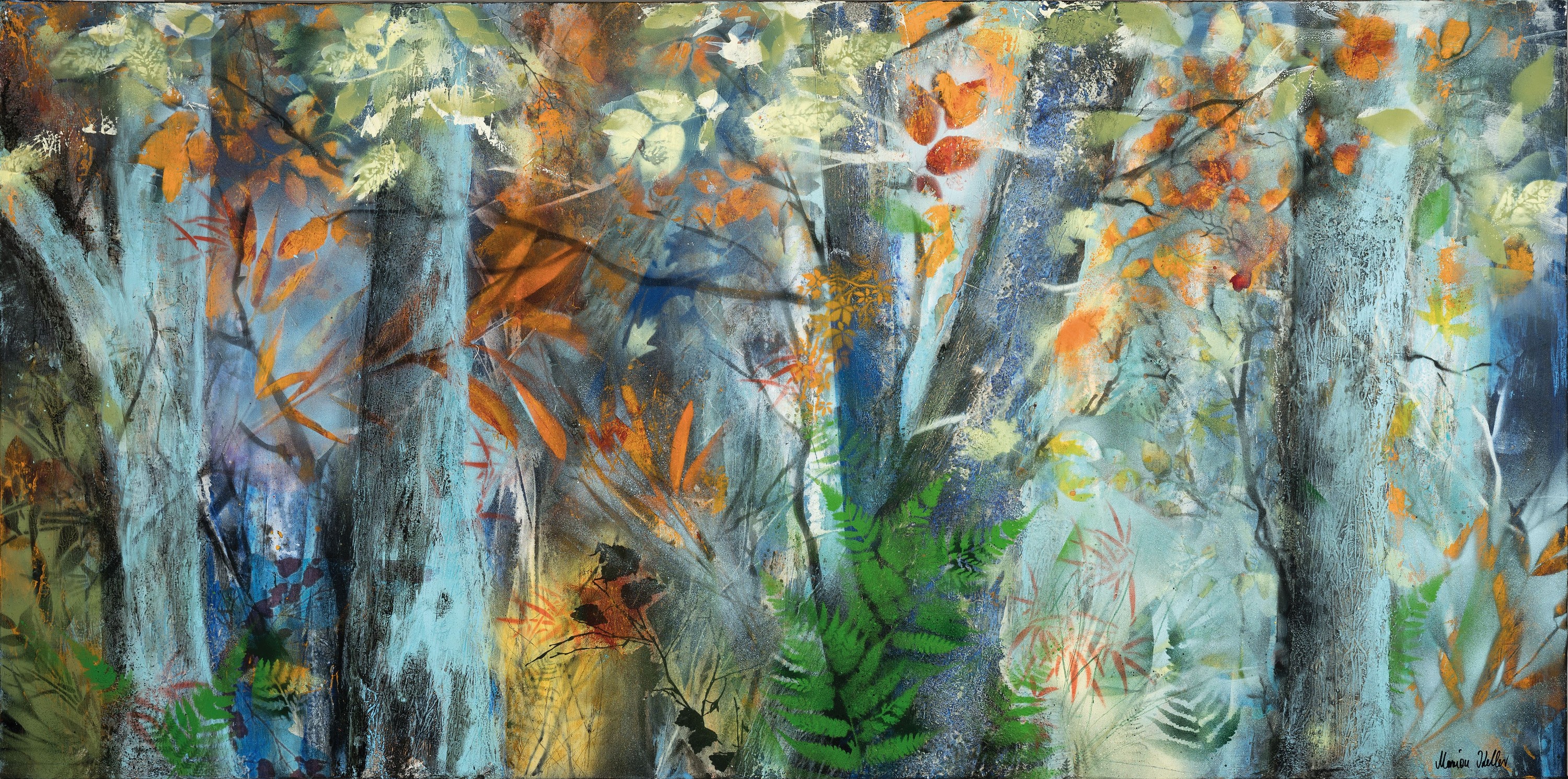 Detail k: Marion Keller, geb. 1963 Eschwege, Winterwald, Mischtechnik auf Lwd, sign., ca. 70x140cm, mit Echtheitszertifikat