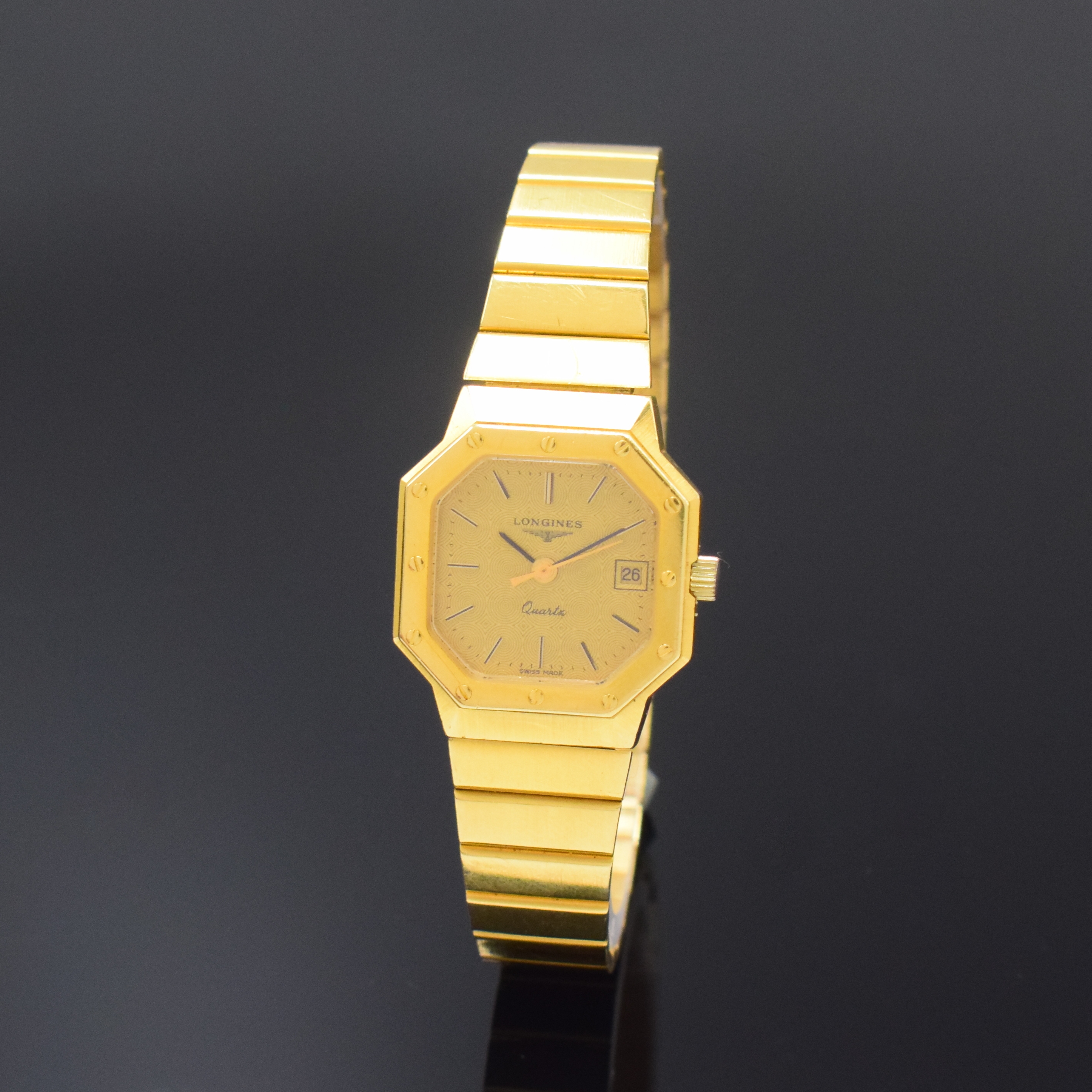 LONGINES Damenarmbanduhr in GG 750/000, quarz, massives Gliederband, Boden aufgedr., gold. Zifferbl. m. aufgel. Indizes, Anz. v. Std., Min., ...