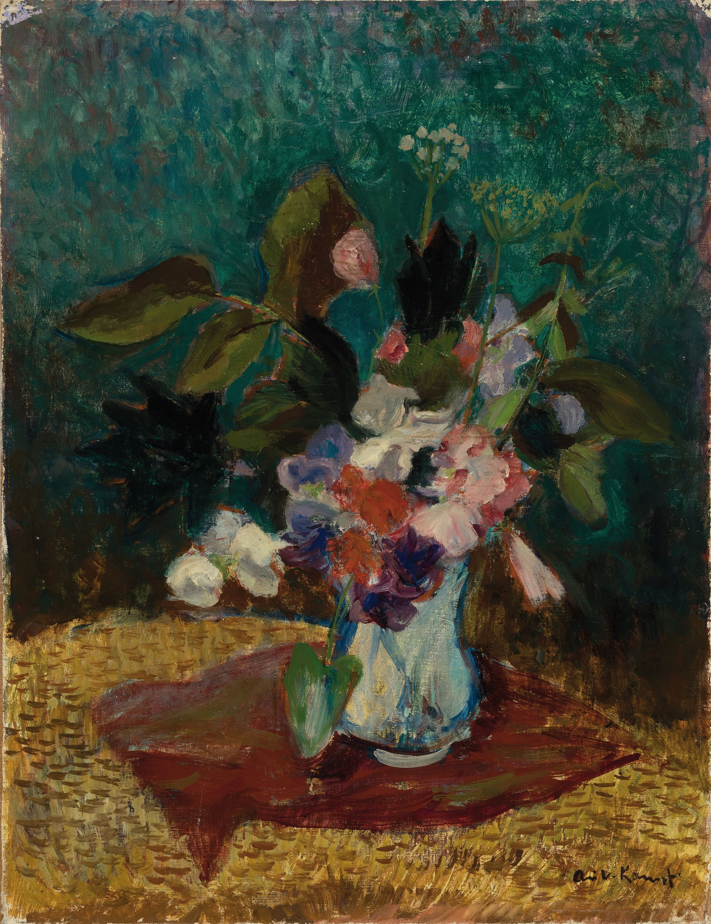Arthur Kampf, 1864 Aachen-1950 Castrop-Rauxel , Blumenstillleben vor türkisfarbenem Grund, Öl/Lwd auf Masonit doubliert, drei ursprünglich rote ...