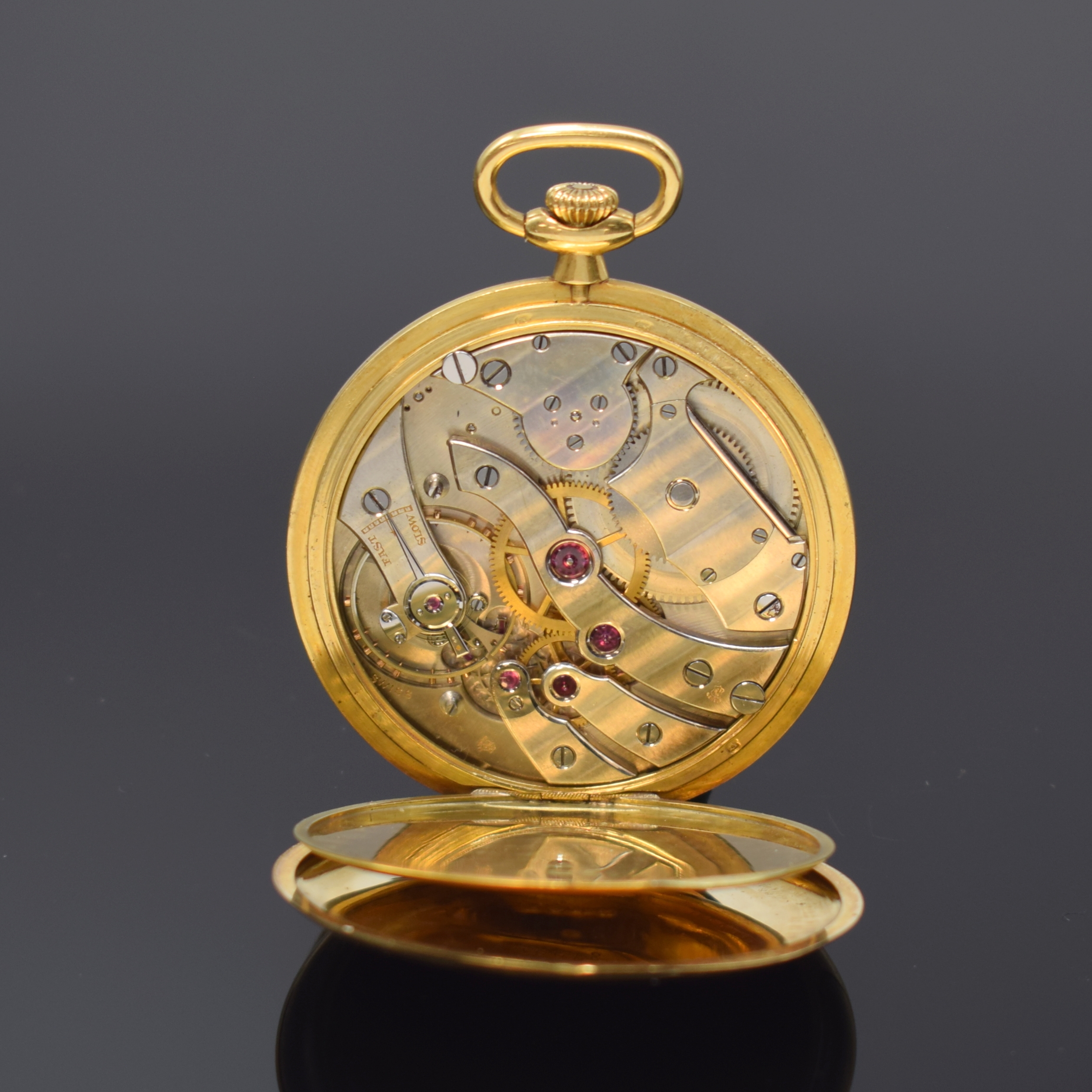 Feine, offene Taschen-/Frackuhr bezeichnet IWC in GG 750/000, Schweiz/England um 1920, Goldcuvette m. Gravur "Ex. By The Goldsmiths & ...