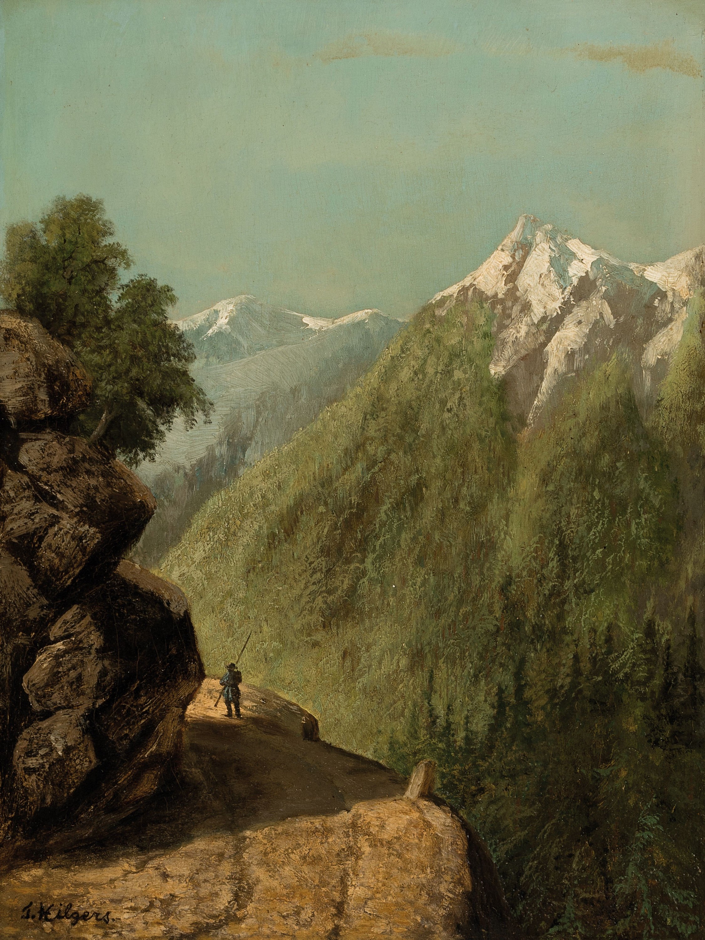 Hilgers, Künstler des ausgehenden 19.Jh., Wanderer vor Alpenpanorama, Öl/Holzplatte, links unten signiert, 34x25 cm, oppulenter Rahmen 55x46 cm