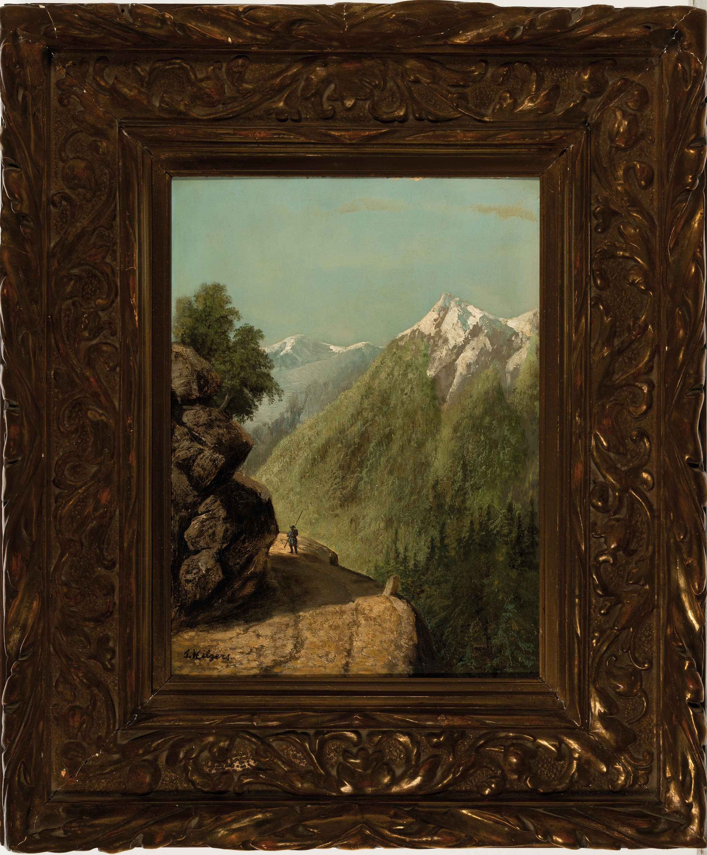 Detail k: Hilgers, Künstler des ausgehenden 19.Jh., Wanderer vor Alpenpanorama, Öl/Holzplatte, links unten signiert, 34x25 cm, oppulenter Rahmen 55x46 cm