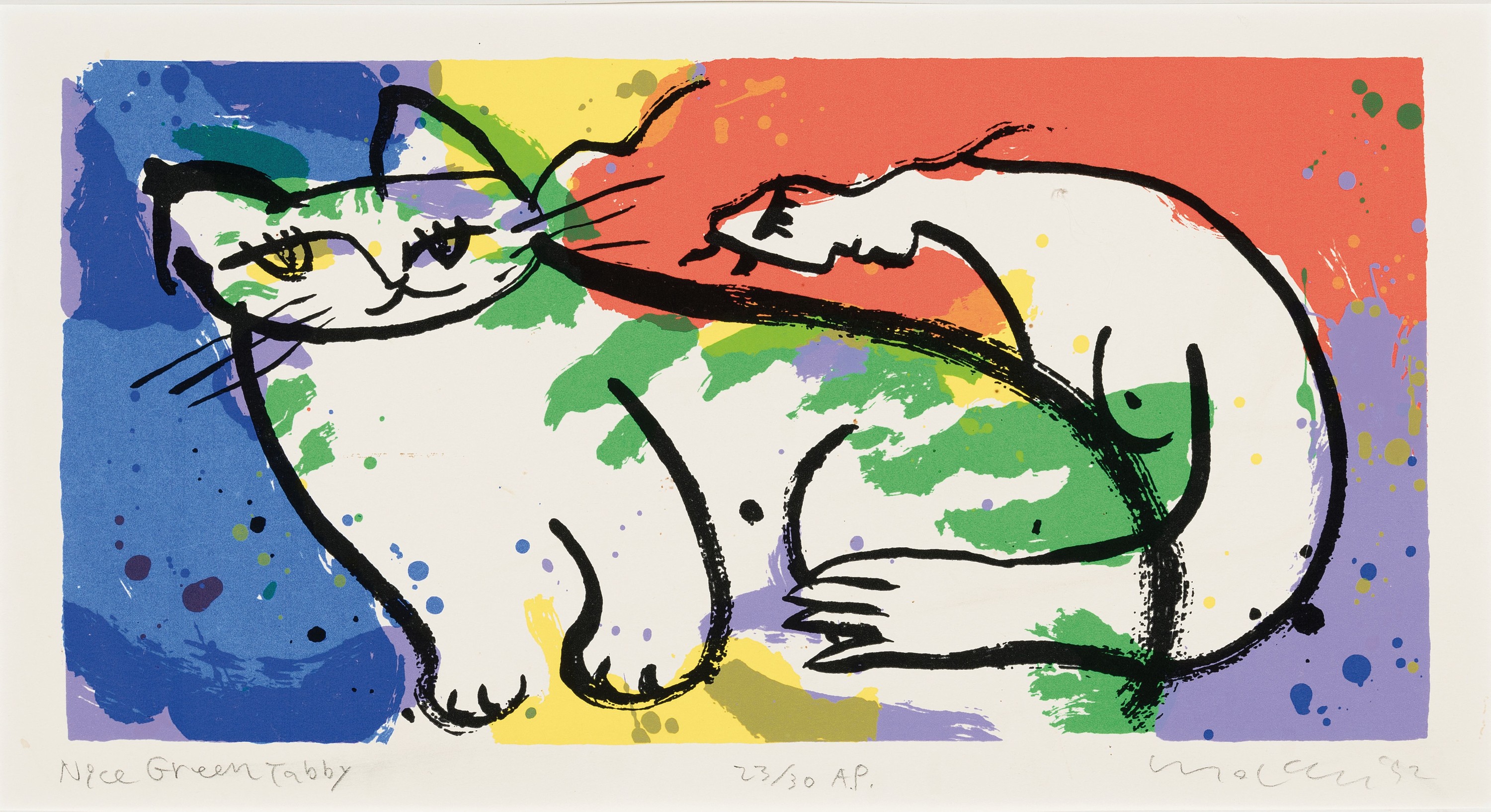Michael Leu, geb. 1950 Taiwan, Nice green Tabby, Farblithographie von 1992, handsign., betitelt, num. 23/30 a.p., ca. 17x35cm