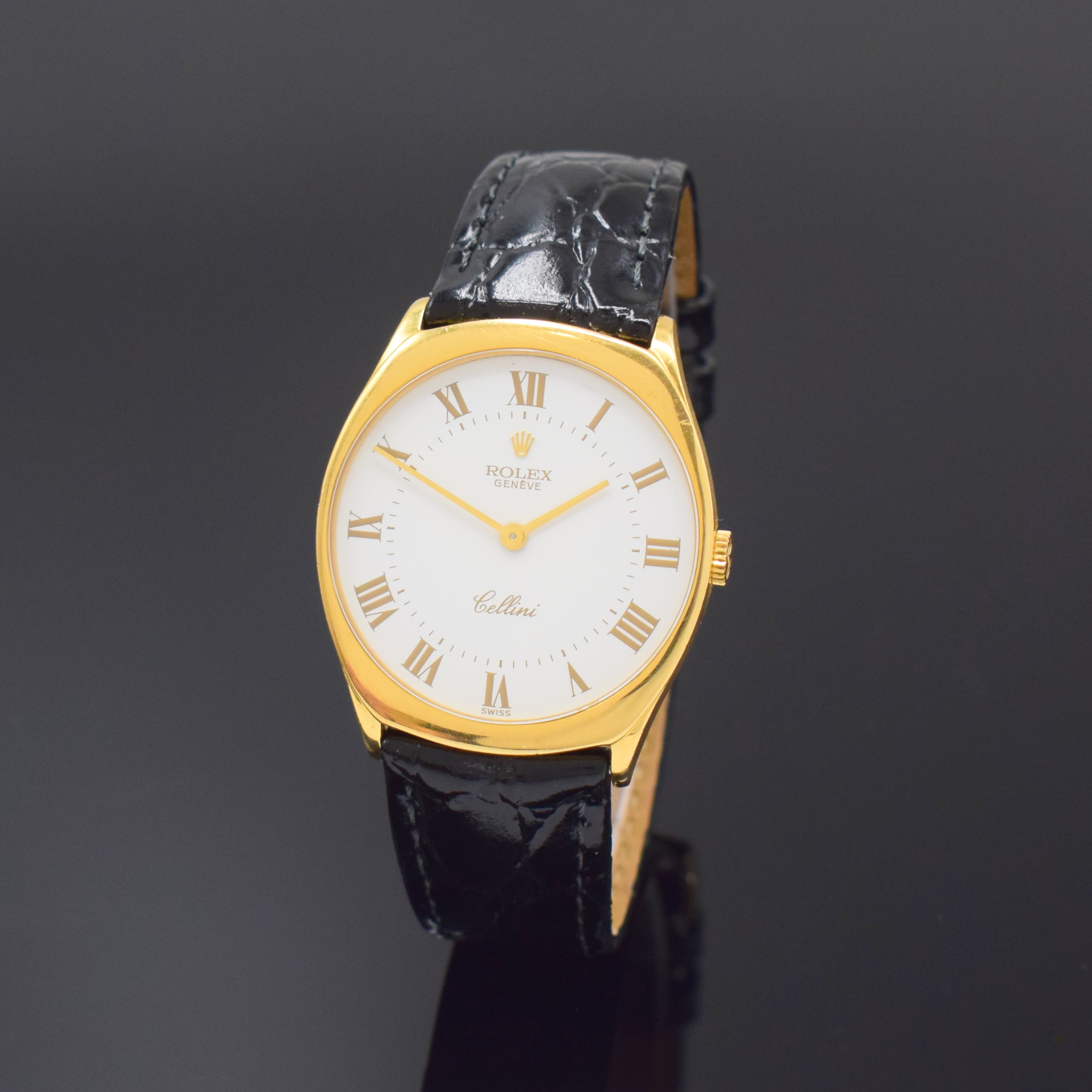 ROLEX Herrenarmbanduhr Serie Cellini in GG 750/000 Referenz 4133, Handaufzug, Schweiz um 1993, Lederband m. orig. GG 750/000 Dornschl., Boden ...