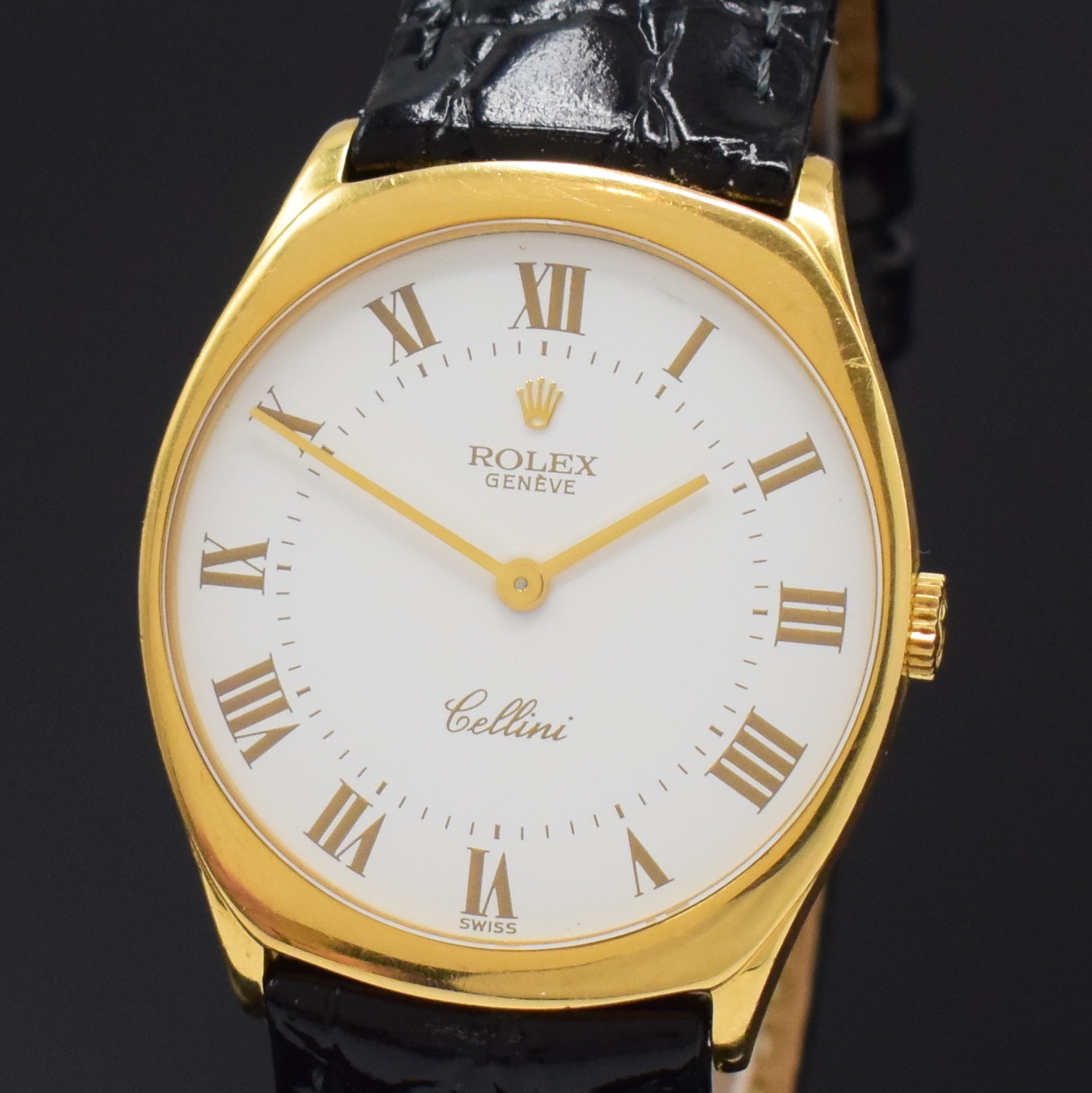 Detail a: ROLEX Herrenarmbanduhr Serie Cellini in GG 750/000 Referenz 4133, Handaufzug, Schweiz um 1993, Lederband m. orig. GG 750/000 Dornschl., Boden ...