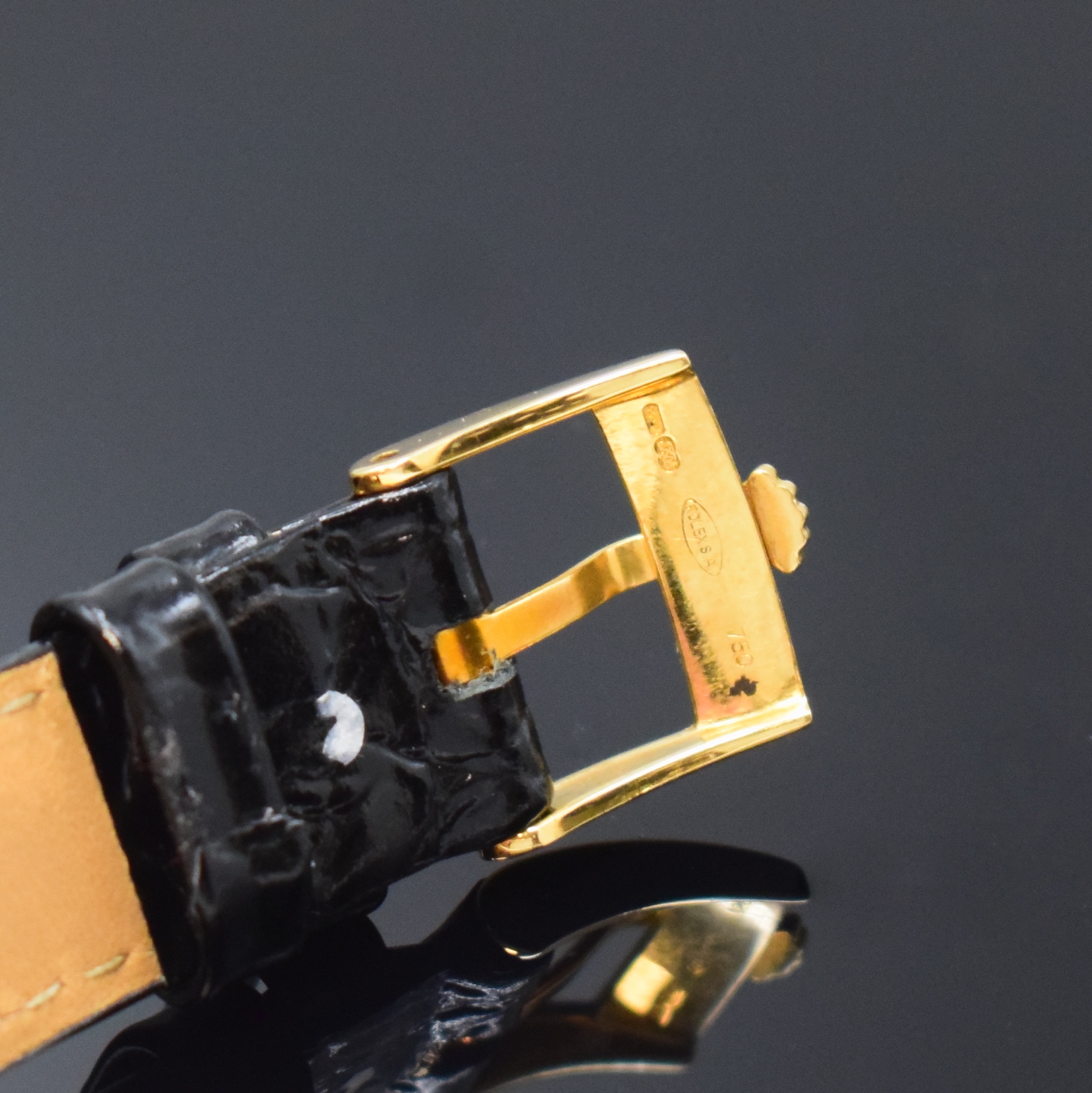 Detail c: ROLEX Herrenarmbanduhr Serie Cellini in GG 750/000 Referenz 4133, Handaufzug, Schweiz um 1993, Lederband m. orig. GG 750/000 Dornschl., Boden ...