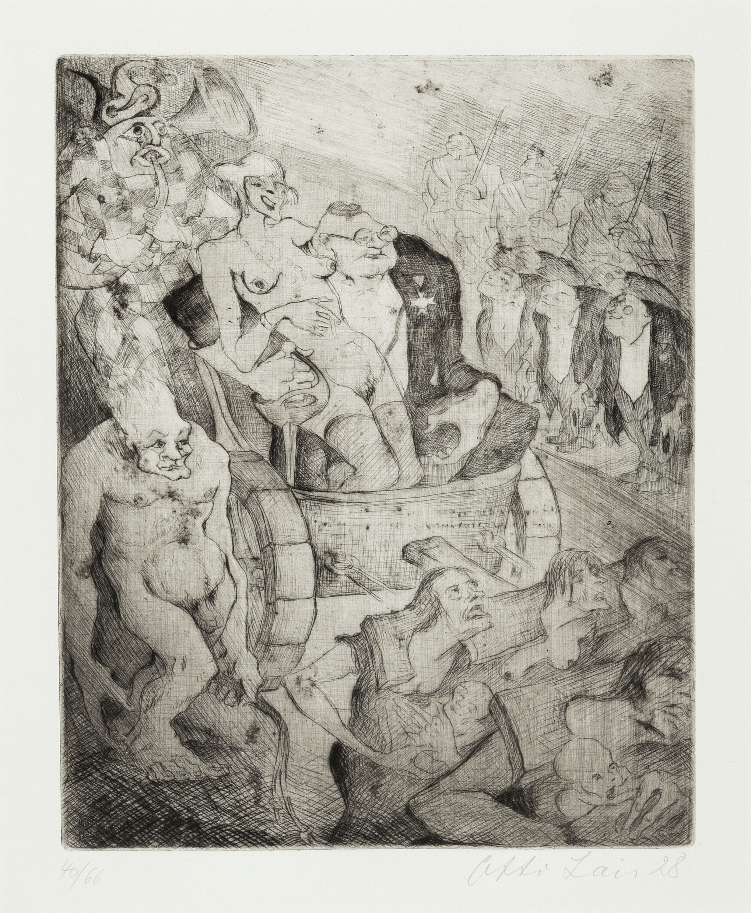 Otto Lais, 1897 Wilferdingen-1988 Wegberg, Der Arrivierte, Radierung, handsign. und dat. 28, num. 40/66, ca. 29.5x23.5cm, PP, u.Gl., R. ca. 59x52cm