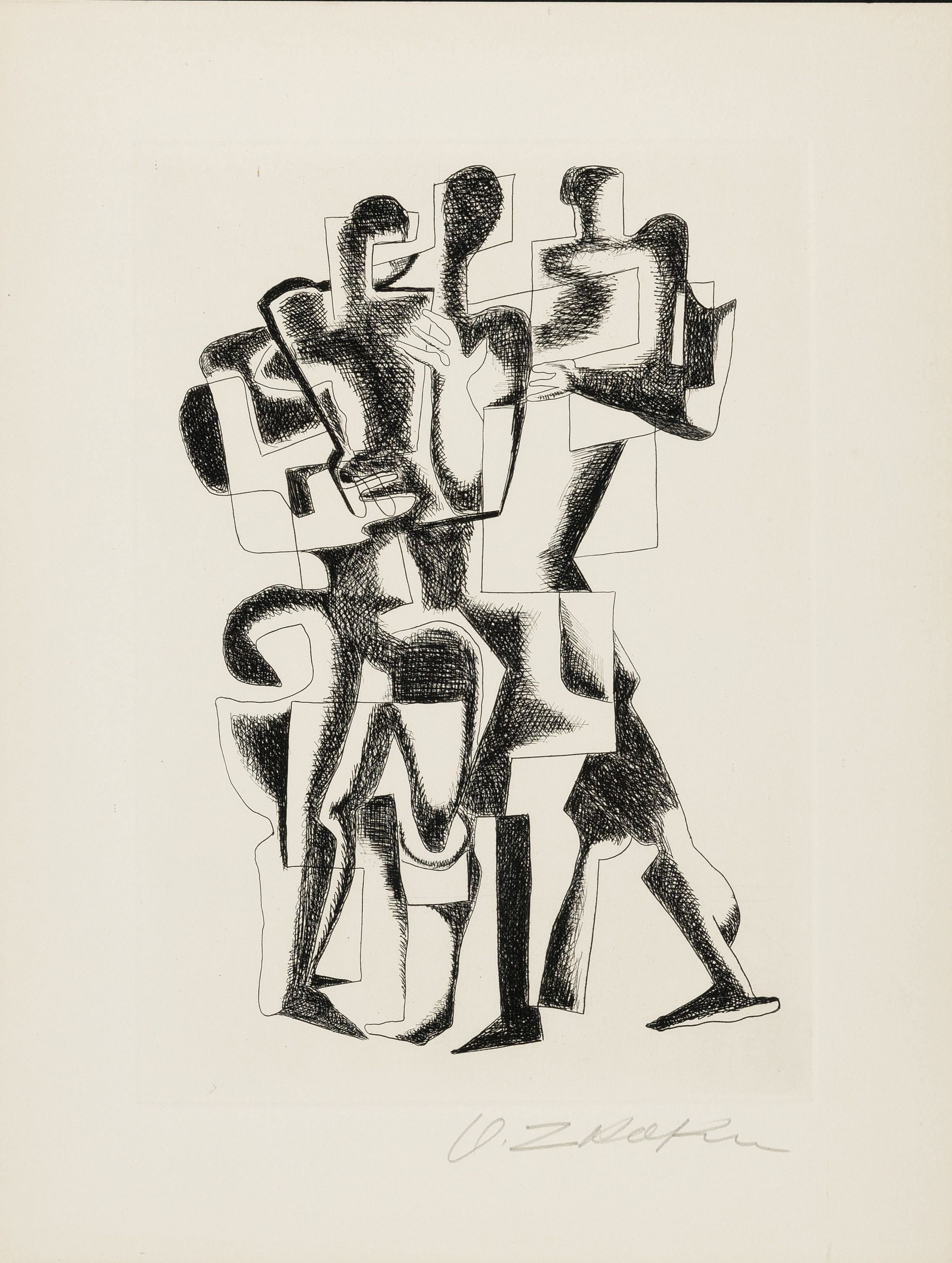 Ossip Zadkine, 1890-1967, 3 Figuren, kubistisch, Radierung, handsigniert, ca. 31x22cm, u.Gl., R. ca. 66x50cm