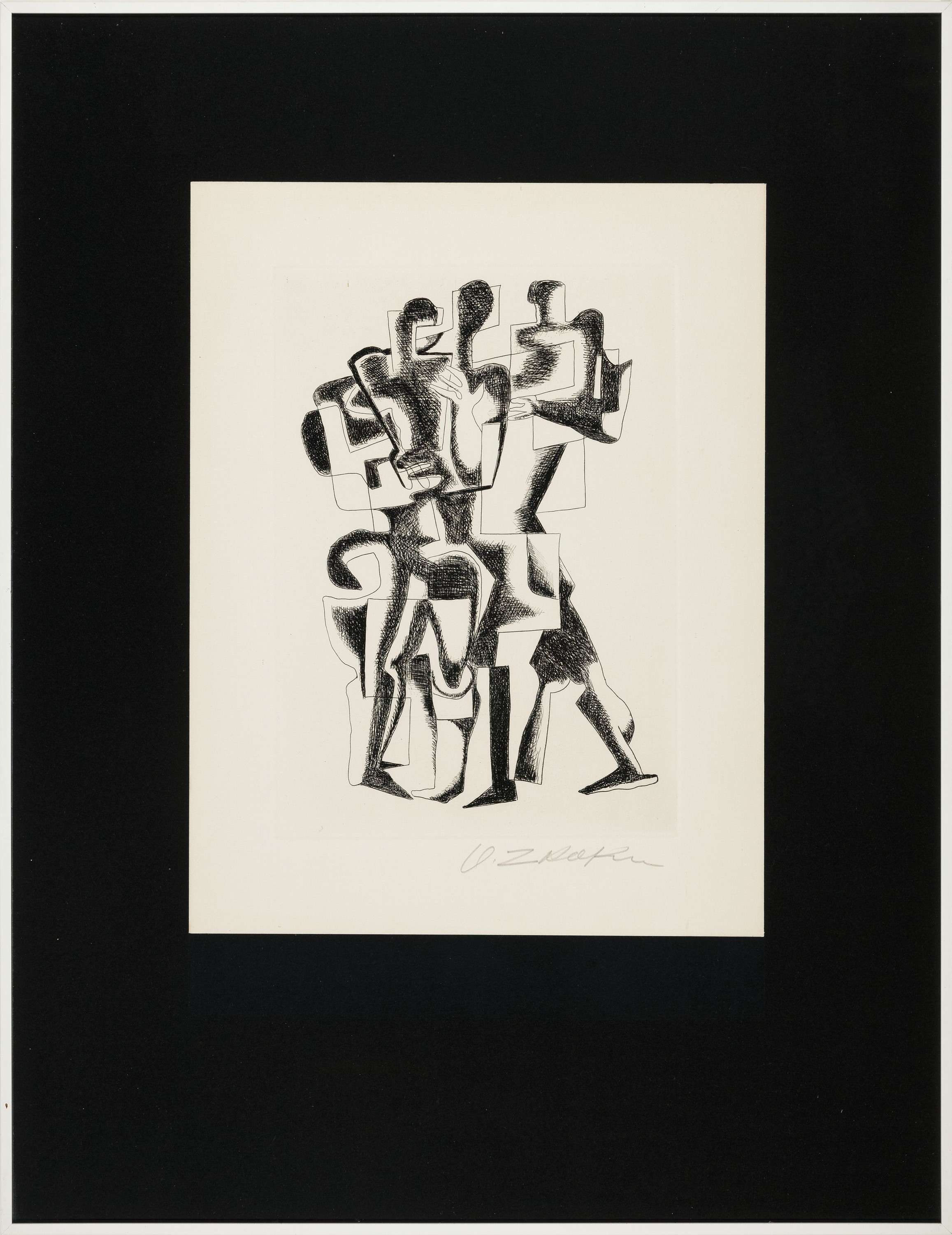 Detail k: Ossip Zadkine, 1890-1967, 3 Figuren, kubistisch, Radierung, handsigniert, ca. 31x22cm, u.Gl., R. ca. 66x50cm