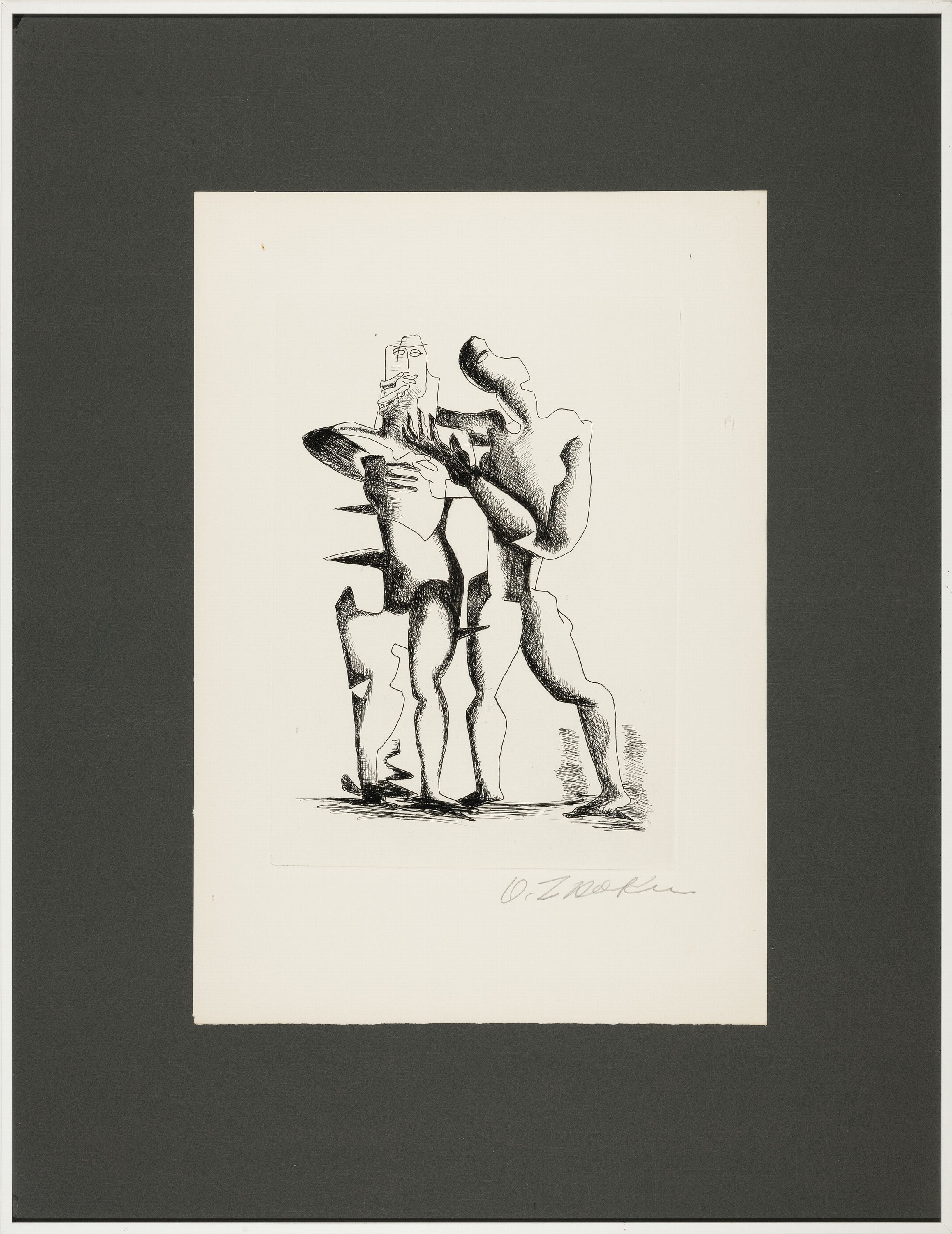 Detail k: Ossip Zadkine, 1890-1967, kubistisches Paar, Radierung, handsigniert, ca. 31x22cm, u.Gl., R. ca. 66x50cm