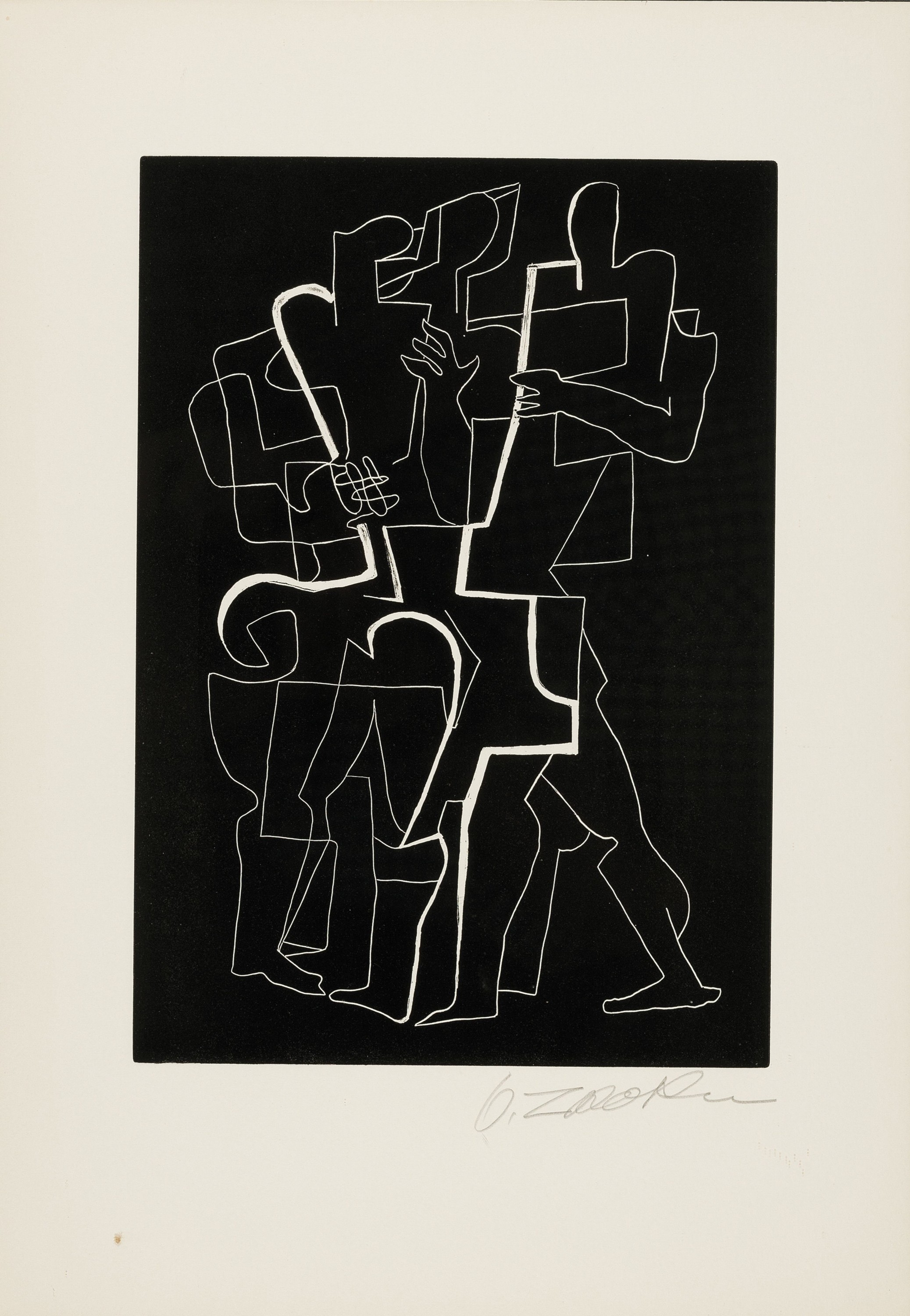 Ossip Zadkine, 1890-1967, drei kubistische Figuren, Lithographie, handsigniert, ca. 30.5x21.5cm, u.Gl., R. ca. 66x51cm