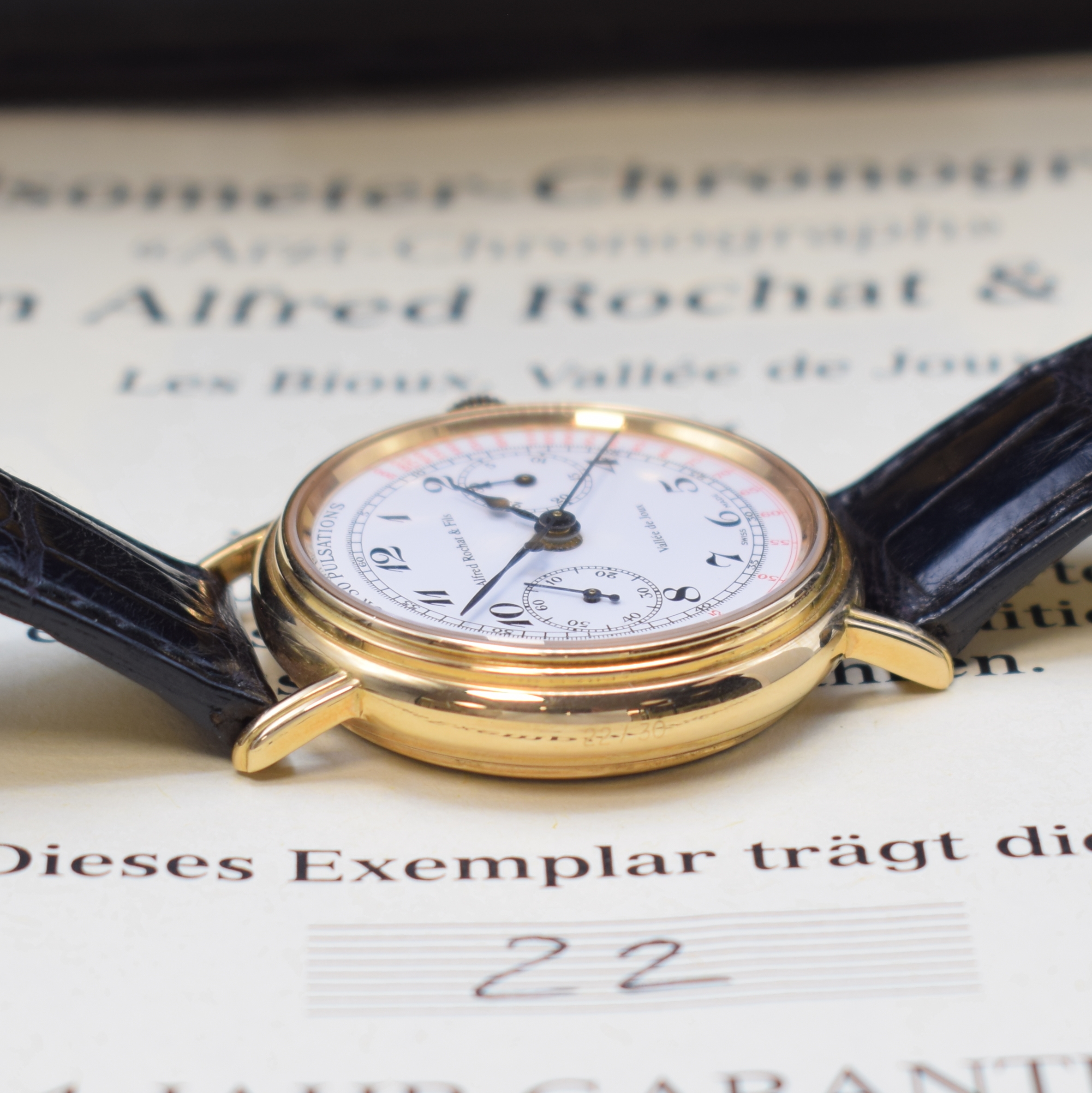 Detail d: ALFRED ROCHAT & Fils feiner und seltener, auf 30 Stück limitierter Schaltradchronograph sog. Arzt-Chronograph, Handaufzug, RoseG 750/000 inkl. orig. ...